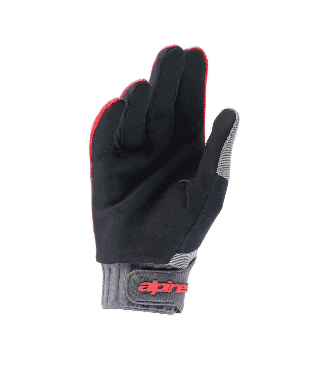 Alpinestars Youth A-Dura handsker, mountainbikehandsker, neonrød og sort, håndfladevisning i syntetisk ruskind, grå neoprenmanchet med krog-og-løkke-strop og rødt Alpinestars-logo, designet til cykling for unge