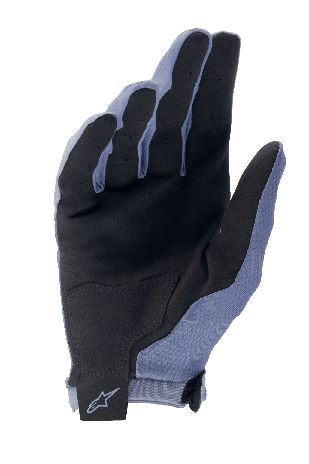 Alpinestars A-Aria handsker, MTB-handsker til cykling, Infinity Blue og sort, håndfladevisning med syntetisk ruskind for greb, forstærket håndfladepatch og krog og løkke håndledslukning med Alpinestars-logo