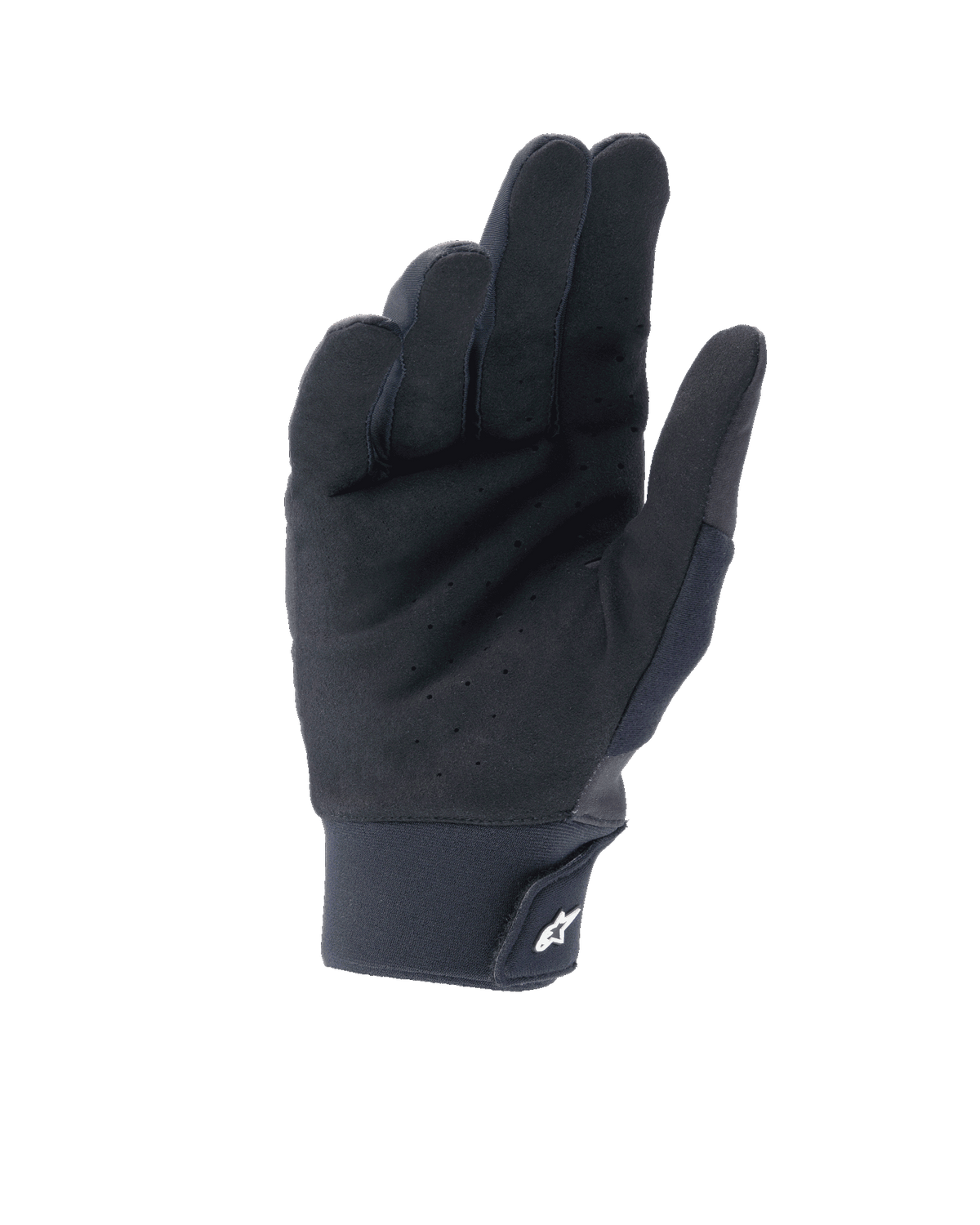 Alpinestars A-Supra Shield handsker, sort, håndfladevisning med perforeret syntetisk ruskind for ventilation, neoprenmanchet med krog og løkke-lukning og hvidt stjernelogo, teknisk udstyr til MTB- og gravity-kørsel