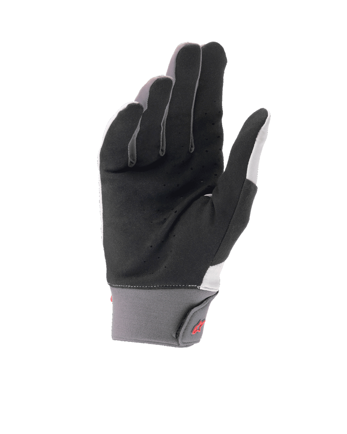 Alpinestars A-Supra Shield Gloves, Light Gray mountain bike gloves, palm view showing perforated black synthetic suede for ventilation, gray neoprene cuff with hook and loop closure featuring a red logo