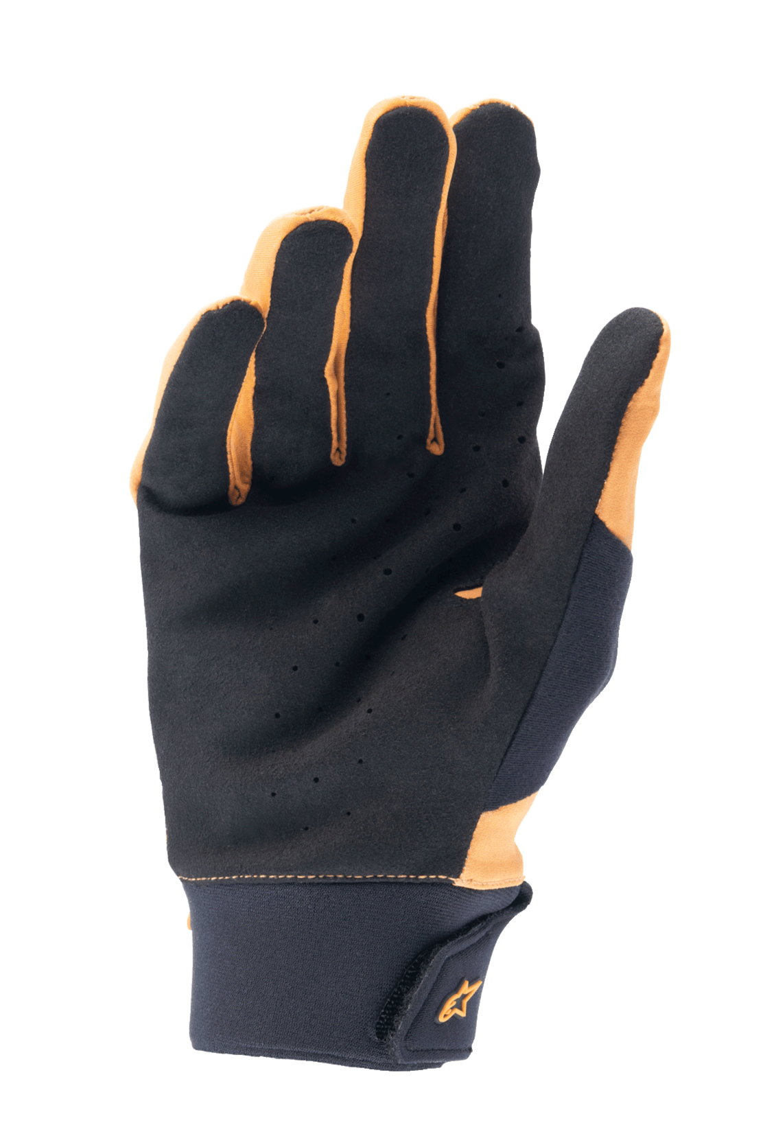 Alpinestars A-Supra handsker, mørk guld og sort, håndfladevisning der viser perforeret syntetisk ruskind for ventilation og greb, bred neoprenmanchet med krog og løkke-lukning og guldlogo, cykelhandsker til mountainbike