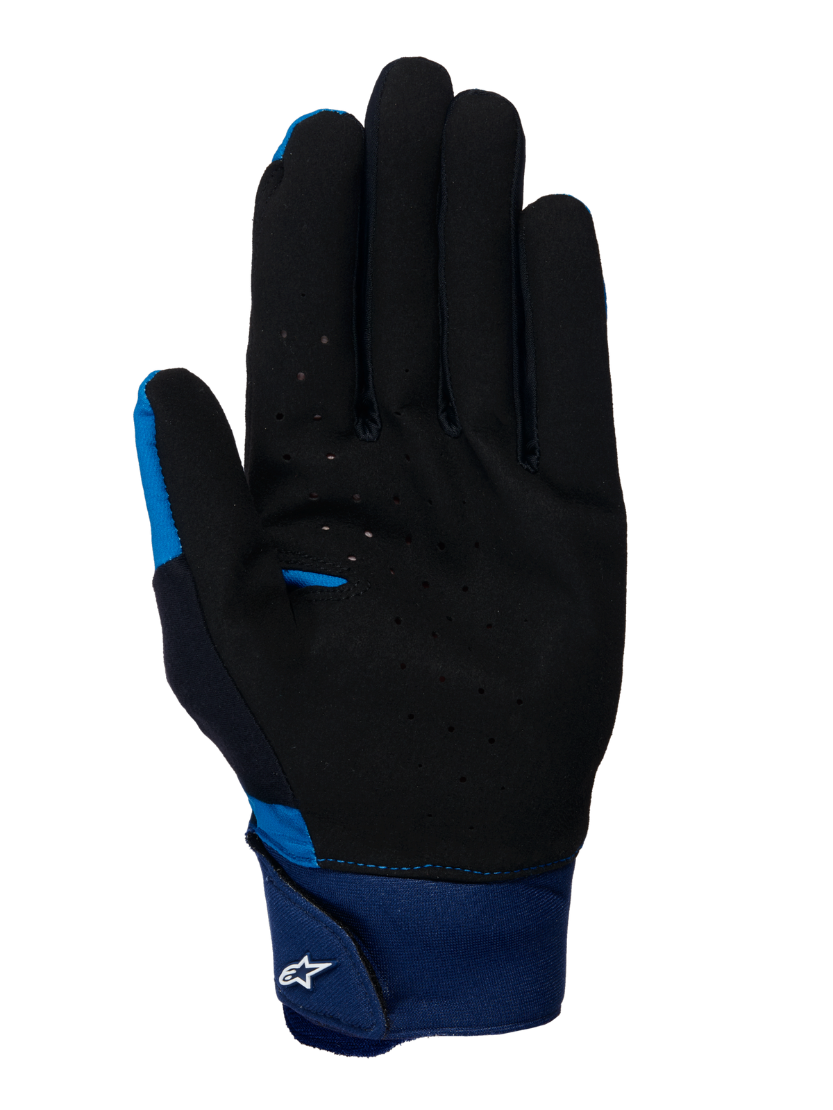 Alpinestars A-Supra Gloves, Blue MTB Gloves, palm view showing black perforated suede material, large blue neoprene cuff with hook and loop strap and white Astars logo