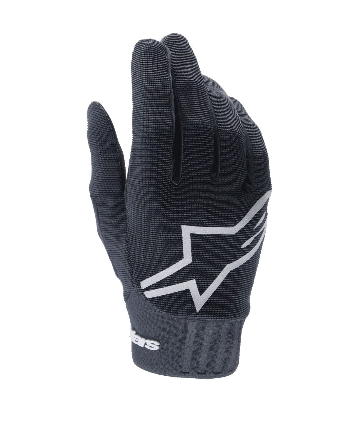 Alpinestars A-Dura handsker, sorte mountainbike-handsker, med et stort hvidt stjerne-logo på oversiden, struktureret stretch-stof og en bred neopren-manchet med branding, designet til off-road cykelperformance.