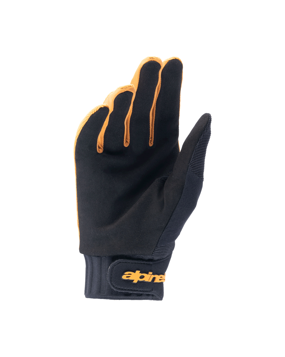 Alpinestars A-Dura handsker, mountainbike-handsker, mørk guld og sort, håndfladevisning med syntetisk ruskindsmateriale, neoprenmanchet med guld krog og løkke håndledsrem, designet til cykelgreb og mobilitet