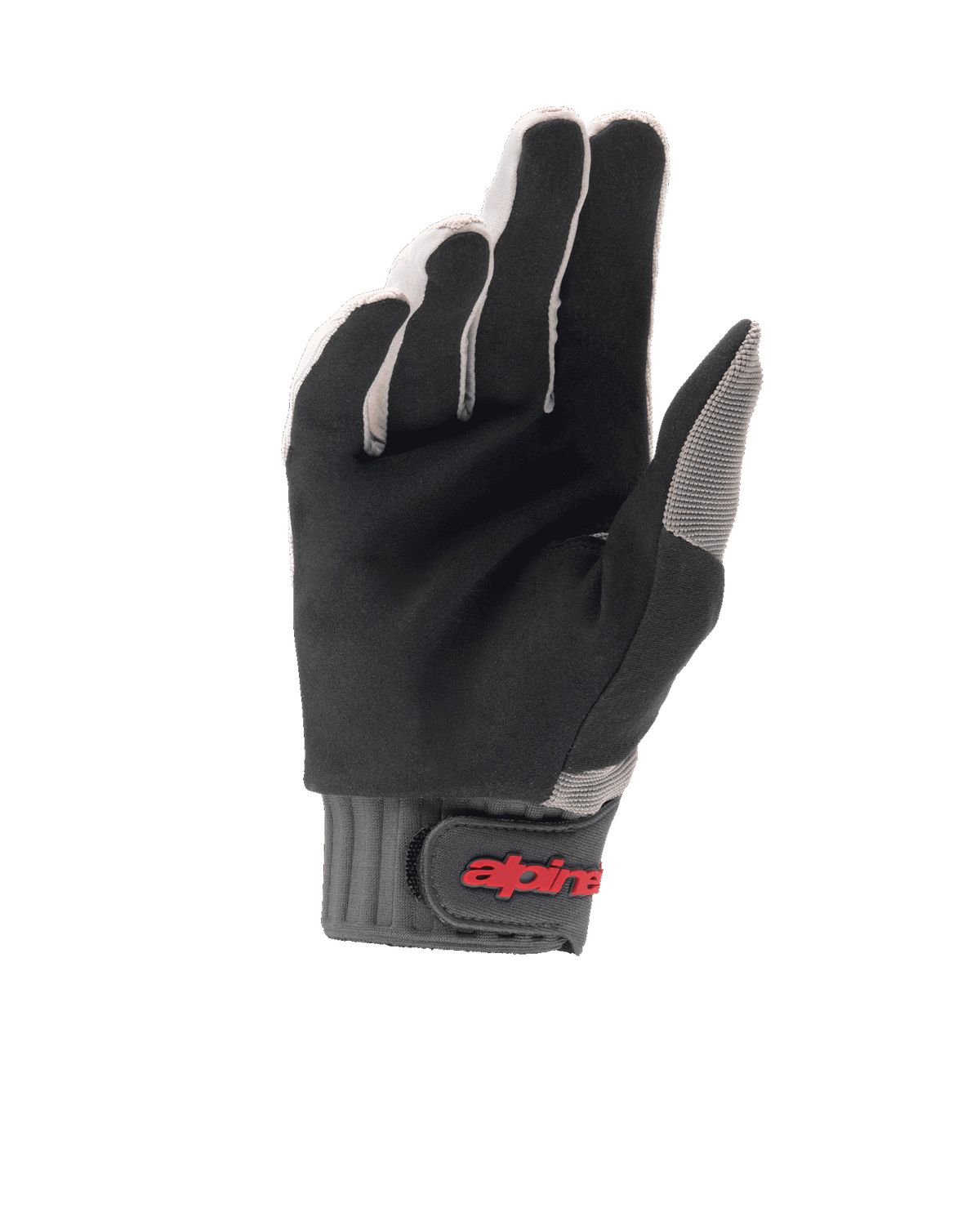 Alpinestars A-Dura handsker, MTB-cykelhandsker, lysegrå og sort, håndfladevisning der fremhæver holdbart syntetisk ruskind, grå ribmanchet med velcrolukning og rødt logo, designet til mountainbike-greb og komfort