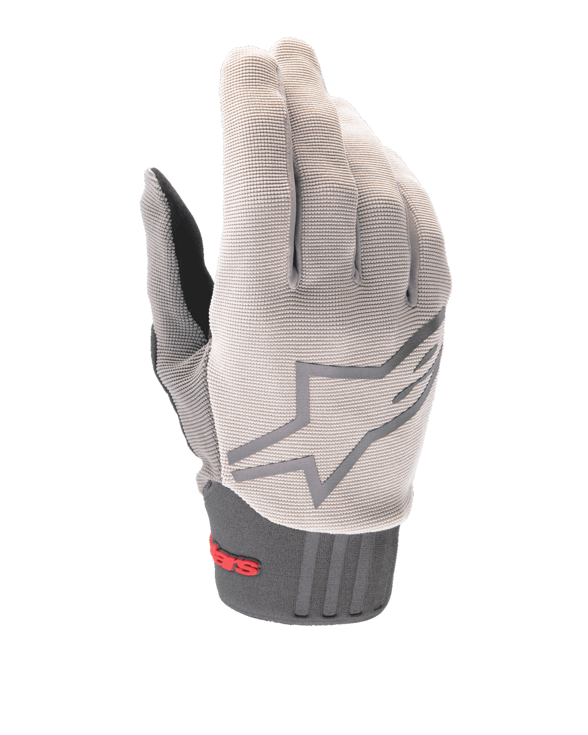 Alpinestars A-Dura handsker, mountainbike-handsker, lys grå og koksgrå, med et stort stjernelogo på håndryggen, rød Alpinestars-branding på neoprenmanchetten, overdel i tekstureret strækstof og ergonomisk design til off-road cykling