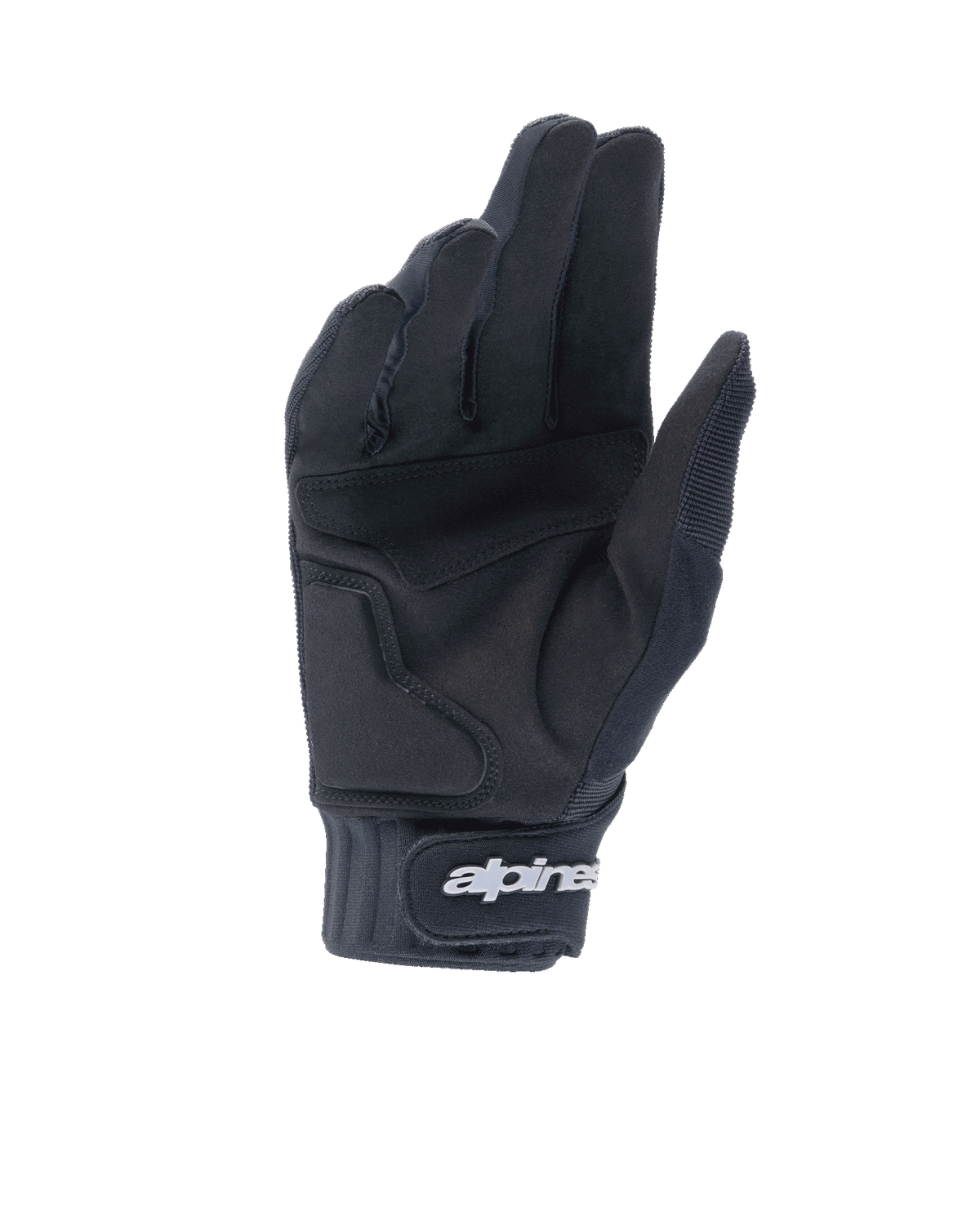 Alpinestars A-Dura Gel handsker, sorte mountainbike-handsker, håndfladevisning der viser konstruktion i syntetisk ruskind og gel-polstring, neoprenmanchet med krog-og-løkke-lukning og hvidt Alpinestars-logo, ergonomisk cykeludstyr til trail- og enduro-kørsel
