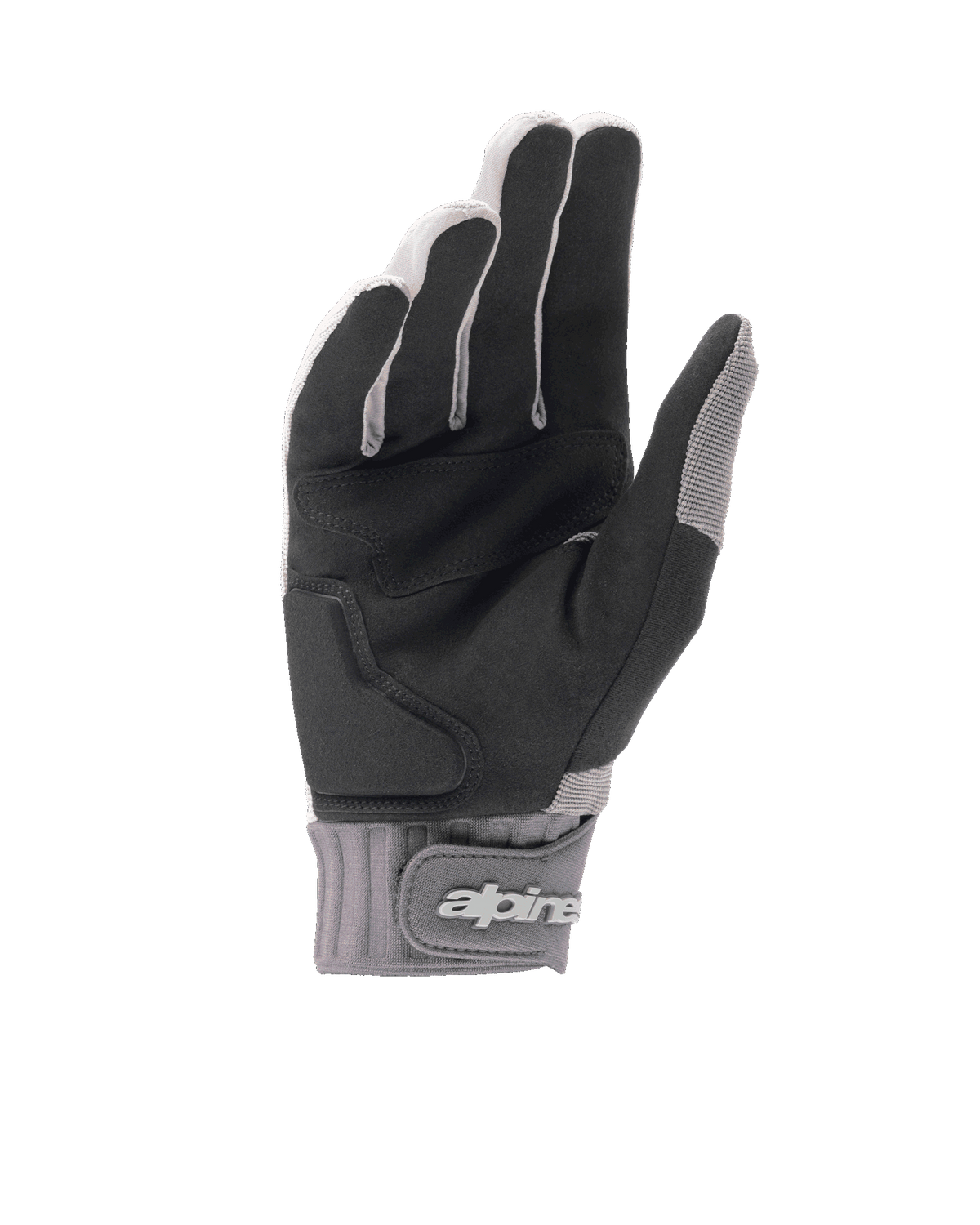 Alpinestars A-Dura Gel-handsker, lysegrå og sorte mountainbikehandsker, håndfladevisning med sort syntetisk ruskind og gel-indlægspolstring, neoprenmanchet med krog-og-løkke-lukning ved håndleddet og branding, ergonomisk cykeludstyr