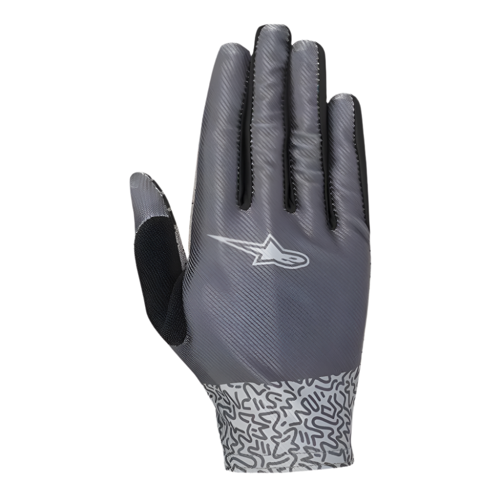 Alpinestars Women Stella Alderex Pro Gloves, Anthracite gray cycling gloves, back view featuring a white Alpinestars logo, diagonal textured mesh upper, and a patterned wrist cuff