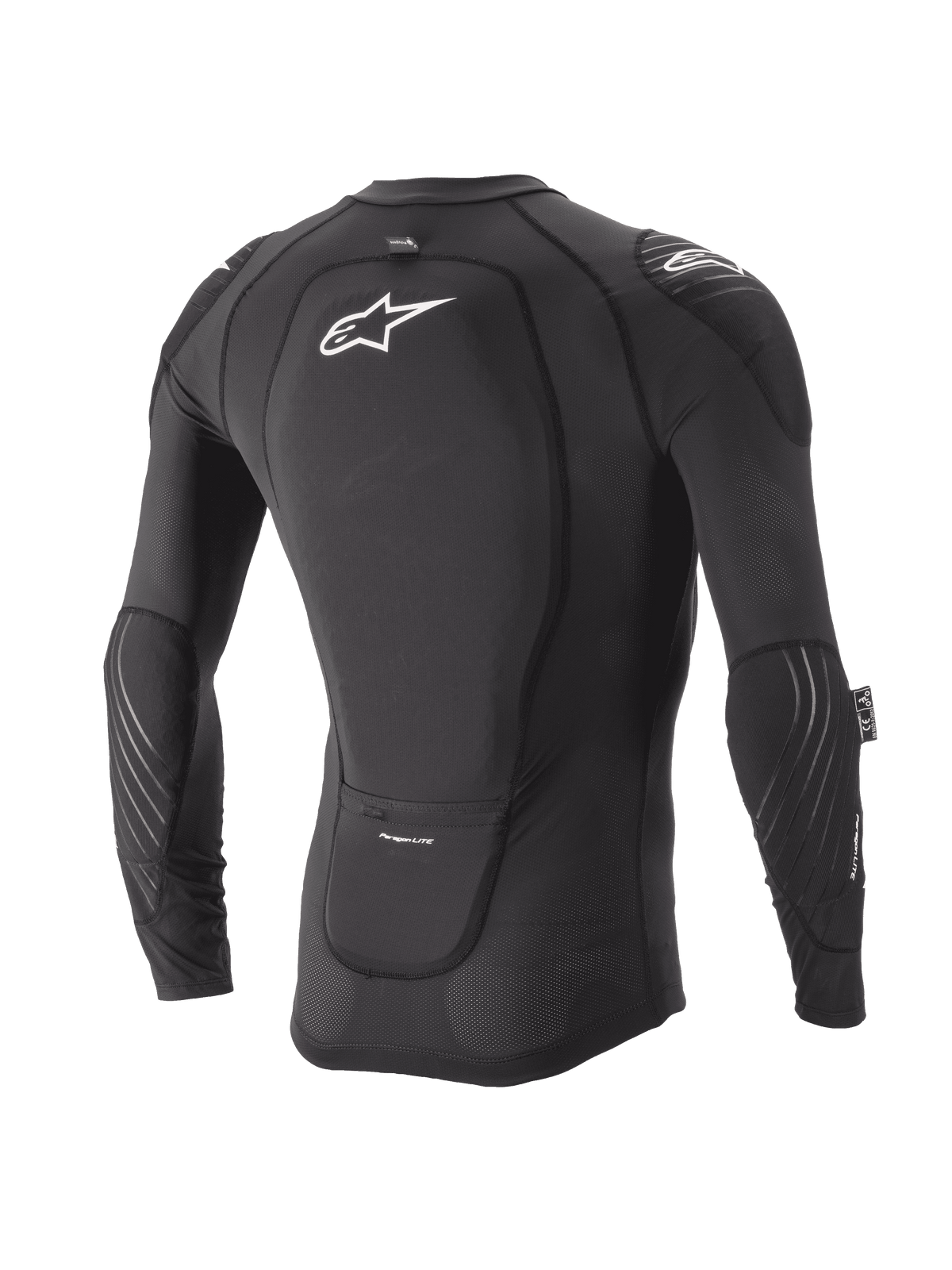Alpinestars Youth Paragon Lite beskyttelsesjakke, langærmet, sort, set bagfra med integreret rygbeskytter og hvidt logo, åndbare mesh-ærmer med albuepolstring, letvægts MTB-kropsbeskyttelse