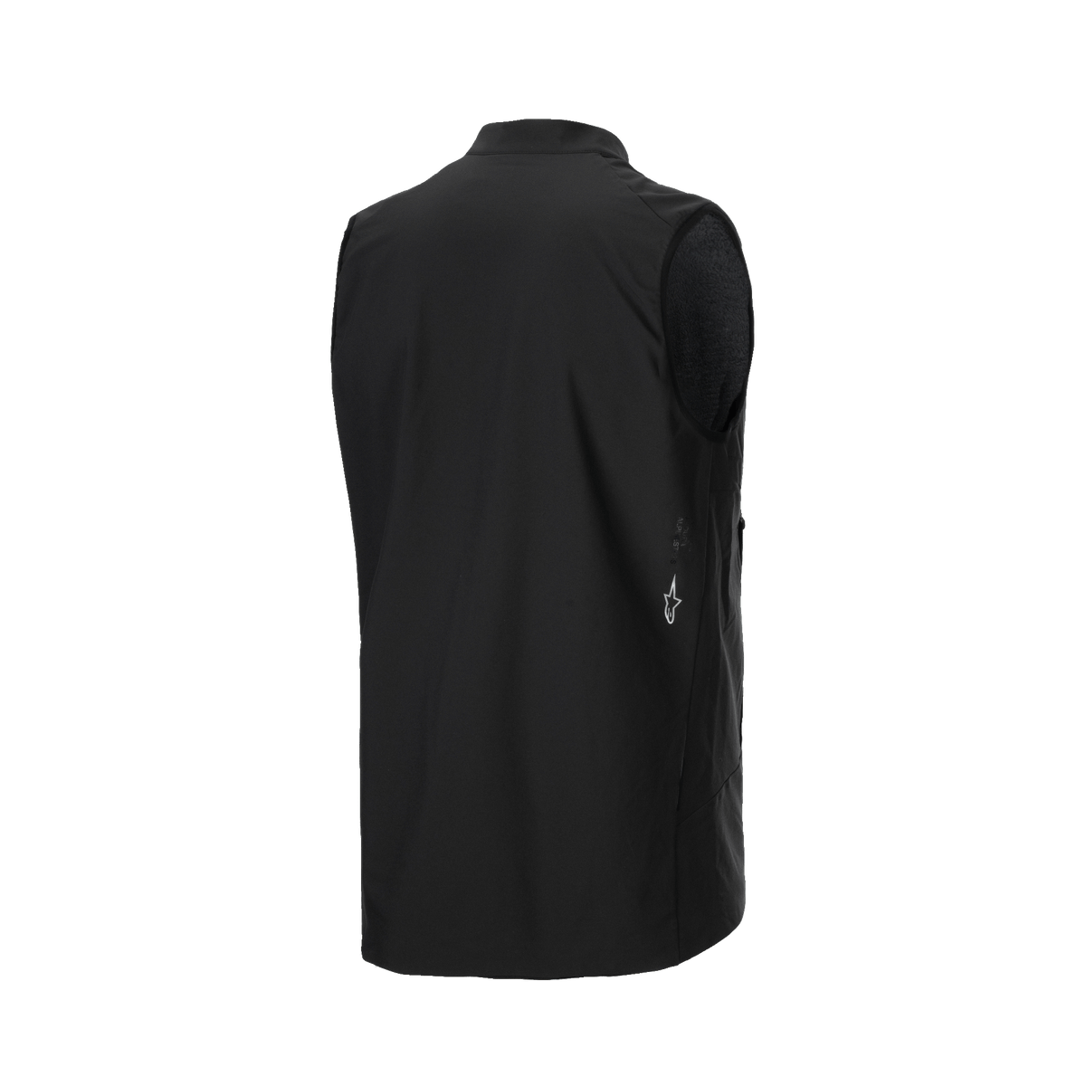 Alpinestars A-Dura Thermal Vest, Black Cycling Vest, rear three-quarter view showing smooth fabric and small white Alpinestars logo on the lower side, lightweight thermal insulation for mountain biking