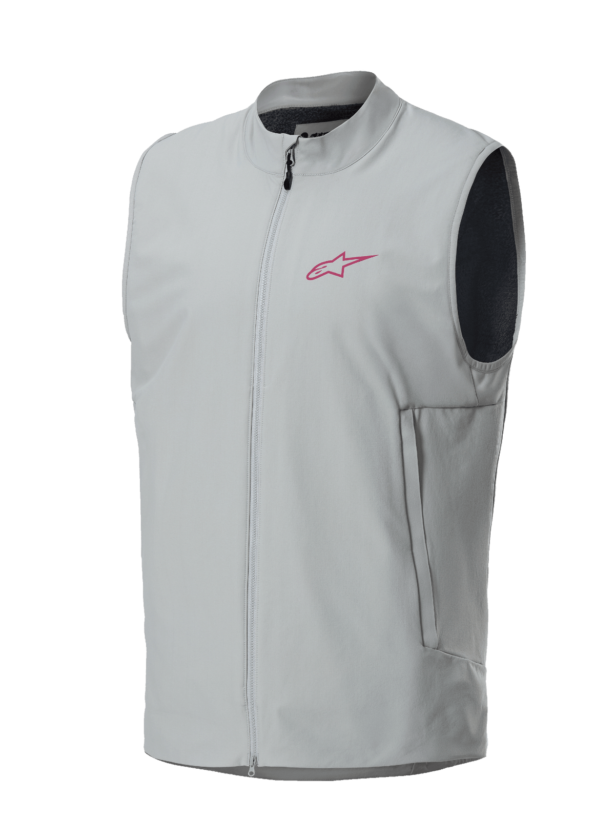 Alpinestars A-Dura Thermal Vest, Titanium grå, magenta Alpinestars stjerne-logo på brystet, gennemgående lynlås med lodrette sidelommer, letvægts isoleret vest til mountainbike og trailkørsel