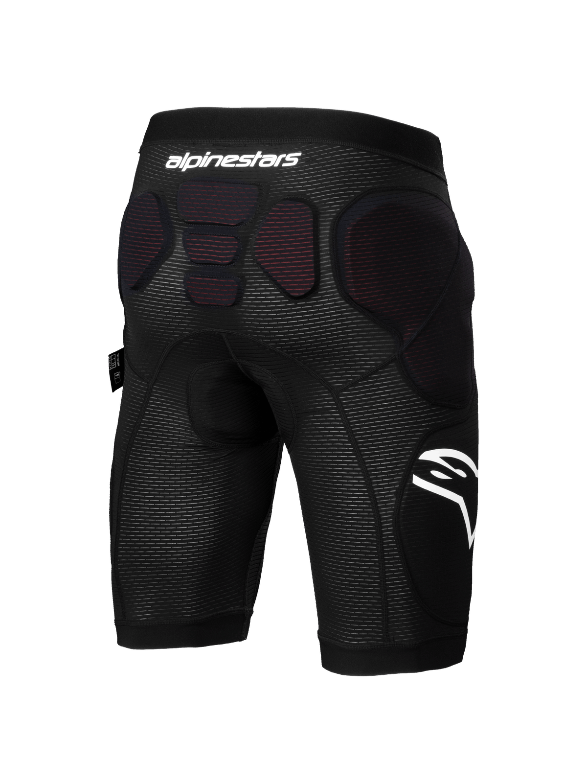 Alpinestars A-Impact Plasma beskyttelsesshorts, MTB-beskyttelsesshorts, sort og hvid, set bagfra med integreret beskyttelsespolstring på hofterne og den nedre rygsøjle, åndbart mesh-stof med hvidt Alpinestars-branding, designet til enduro- og gravity-cykling.