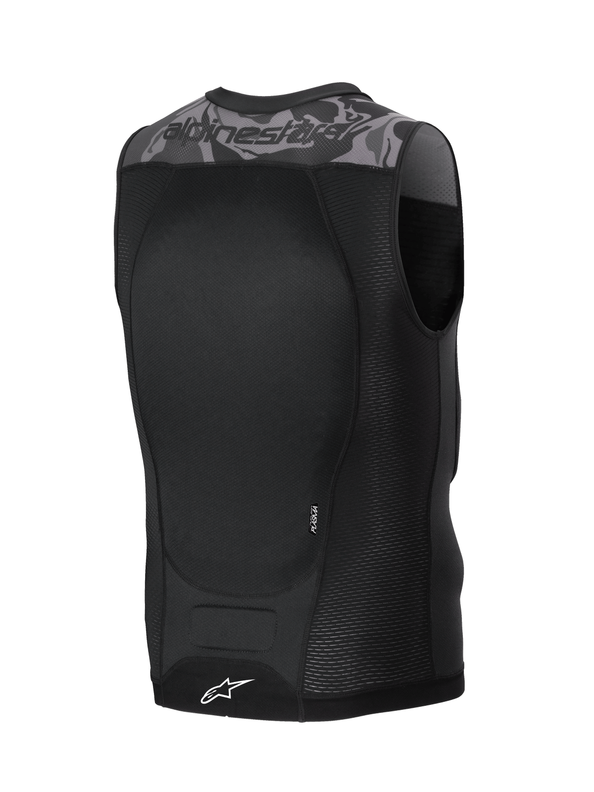 Alpinestars A-Motion Plasma Beskyttelsesvest, MTB og off-road beskyttelsesvest, sort og camofarvet, med Nucleon Plasma rygbeskytter og åndbar mesh-konstruktion, set bagfra