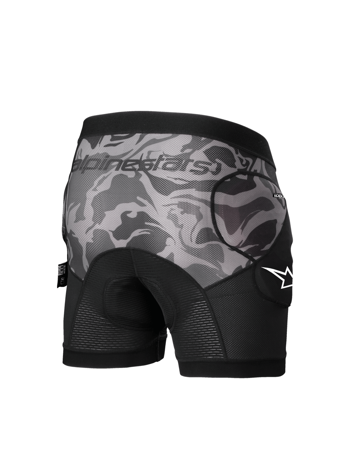 Alpinestars A-Motion Plasma Beskyttelsesboxershorts, herre MTB beskyttelsesshorts, sort camo, CE-certificeret niveau 1 hoftebeskyttere, set bagfra