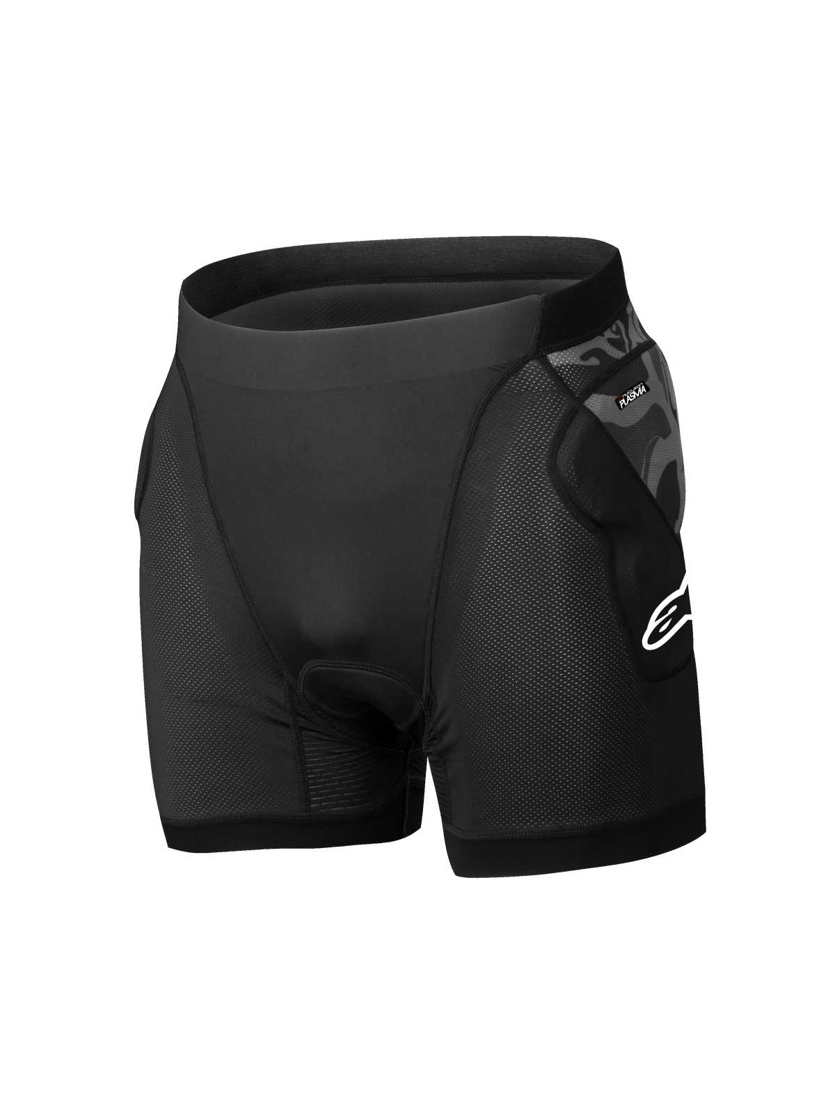 Alpinestars A-Motion Plasma Beskyttelsesboxershorts, herre mountainbike beskyttelsesshorts, sort og camouflage, åndbart mesh med CE-godkendte hoftebeskyttere