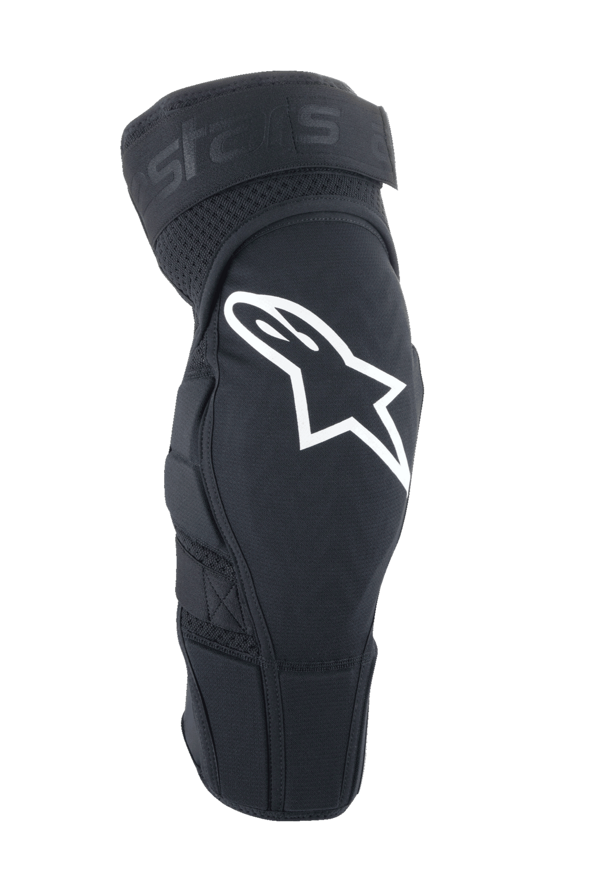 Alpinestars A-Impact Plasma Elite knæbeskytter, MTB-knæbeskyttere, sort med hvidt Astar-logo, ergonomisk forbuet design med mesh-ventilation, justerbar dobbelt strop-lukning