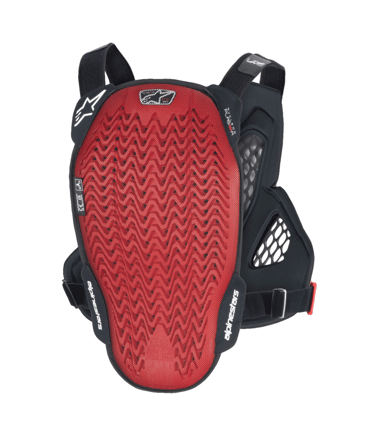 Alpinestars A-6 Plasma Chest Protector, Back view, red textured Nucleon PLASMA back plate with black side wings and adjustable straps, MTB gravity protection gear in Black Anthracite Red