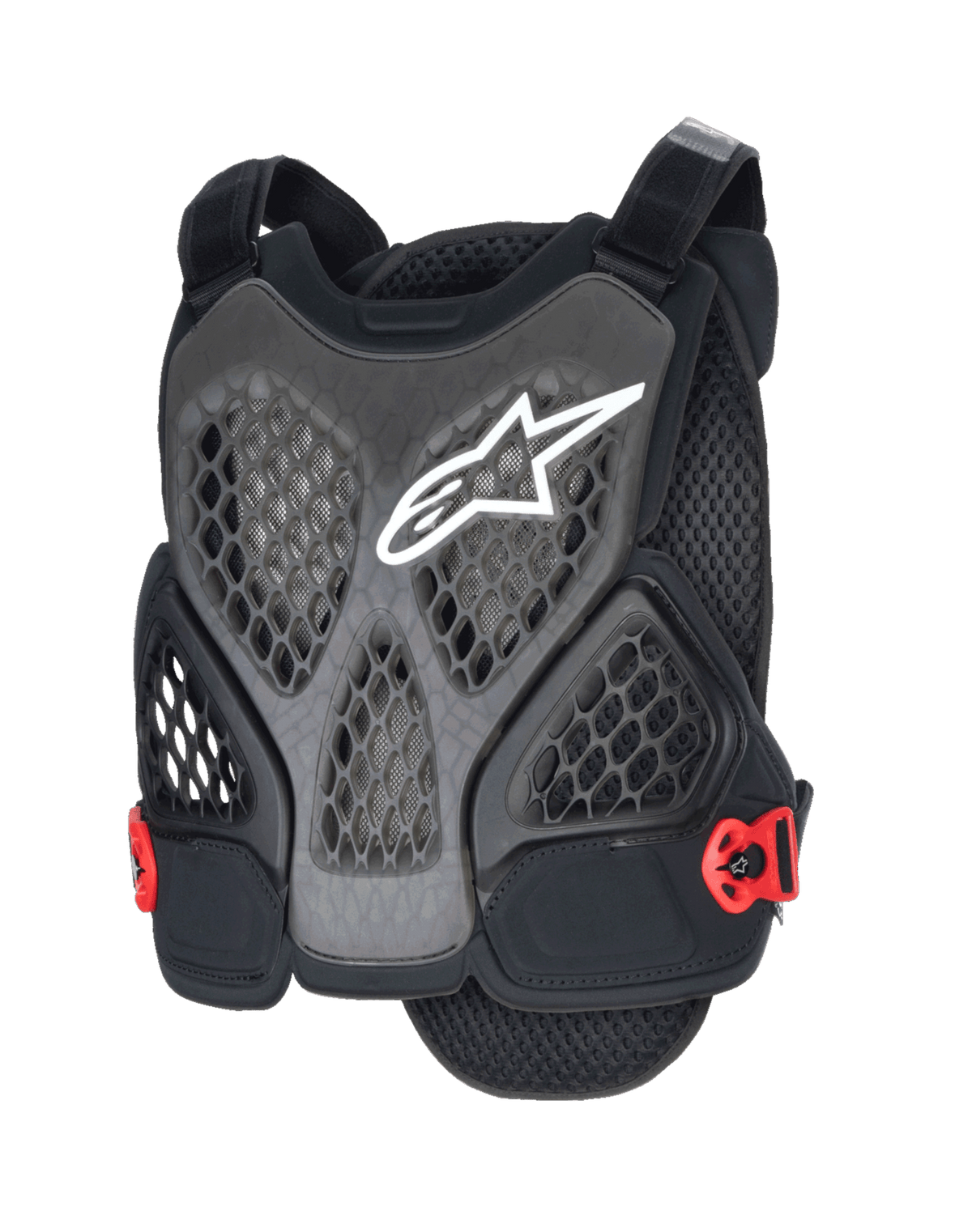 Alpinestars A-6 Plasma Chest Protector, MTB Chest Protector, Black Anthracite and Red, featuring a white star logo, perforated honeycomb mesh panels for ventilation, red side buckles, and adjustable shoulder straps, designed for off-road and gravity mountain bike protection.