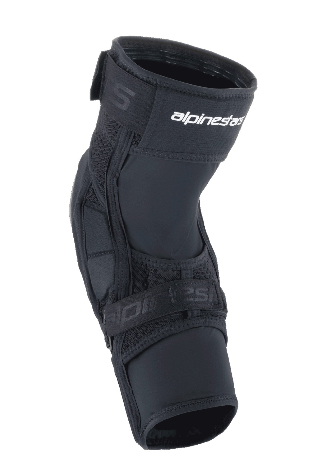 Alpinestars A-Impact Plasma Elite Shield knæbeskyttere, MTB-beskyttelsesudstyr, sort med hvidt logo, med et forbuet ergonomisk design, dobbelt strop-lukning og åndbare mesh-paneler til mountainbike.