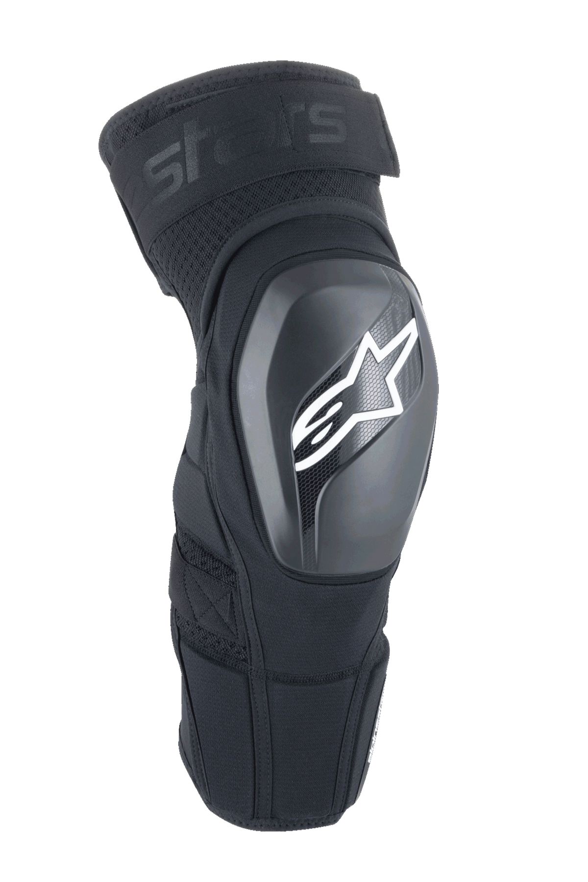 Alpinestars A-Impact Plasma Elite Shield knæbeskyttere, sort med hvidt stjerne-logo, hård ydre TPU-skal, mesh-stof med justerbar rem foroven, forbuet ergonomisk design, MTB- og off-road-beskyttelse