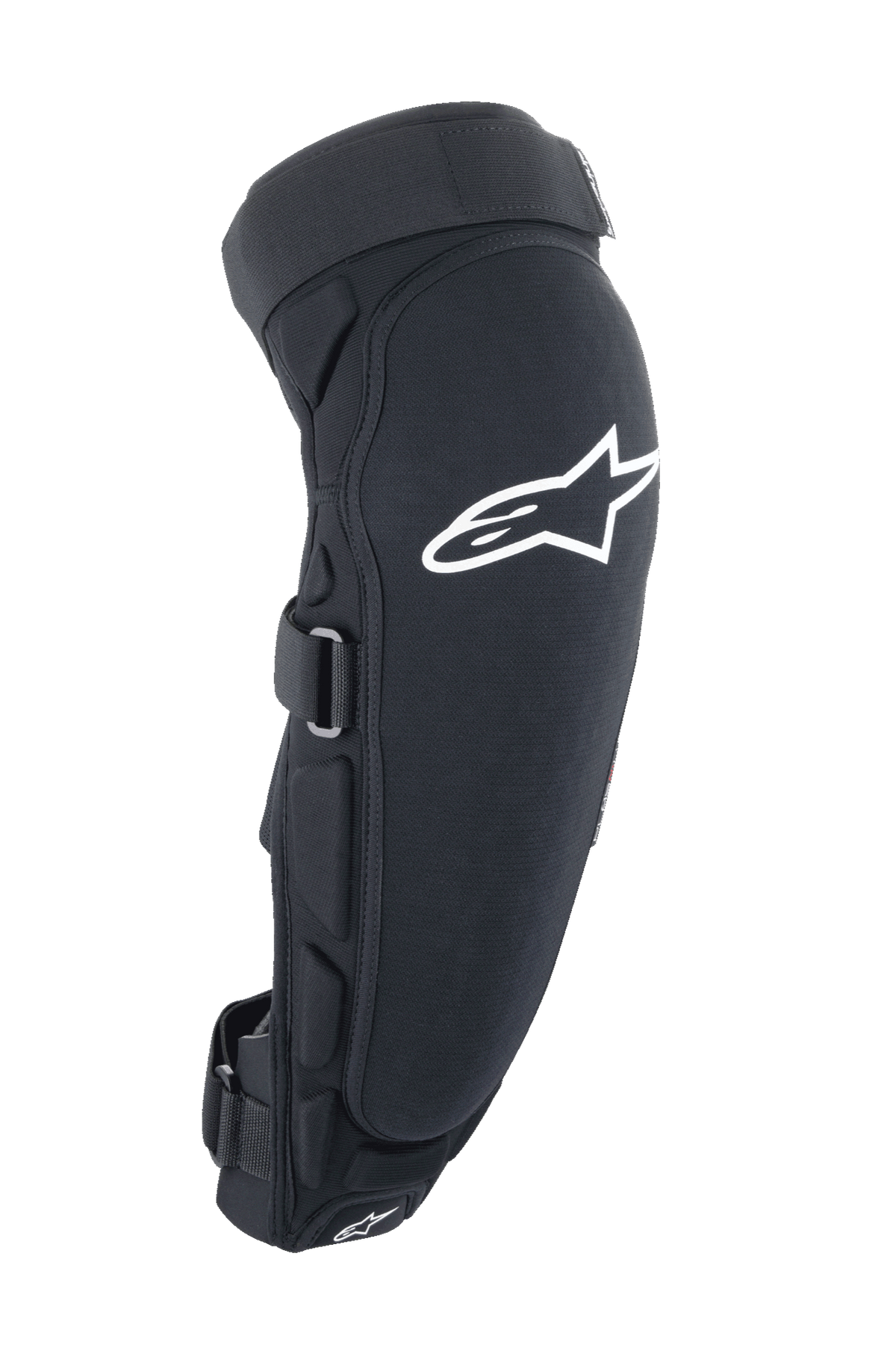 Alpinestars A-Impact Plasma Pro Knee Shin Protector, Black and White, side view featuring large white Astar logo, lateral padding, and secure strap closure system, off-road cycling protection