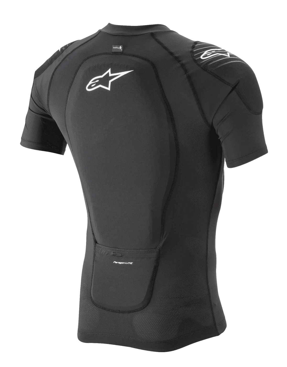 Alpinestars Paragon Lite beskyttelsesjakke - kortærmet, sort, set bagfra i trekvart profil, der viser integreret rygbeskytter og åndbar strækmesh-konstruktion, med hvidt Alpinestars-logo på ryggen og skulderen, letvægtsbeskyttelsesudstyr til mountainbike