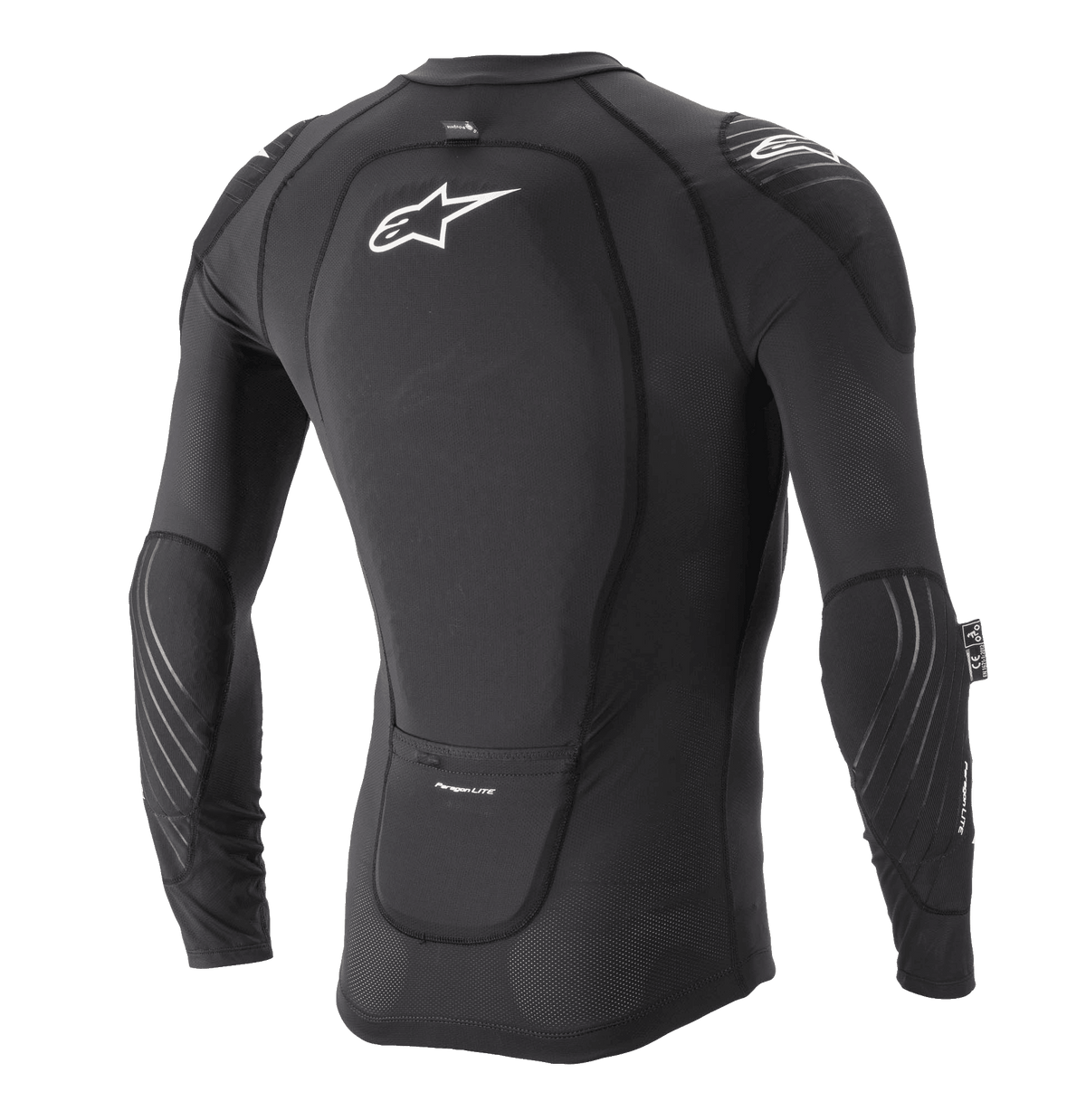 Alpinestars Paragon Lite Protection Jacket - Long Sleeve, Black, Rear view featuring integrated back protector with white Astar logo, breathable mesh construction with elbow and shoulder protection, lightweight MTB body armor.