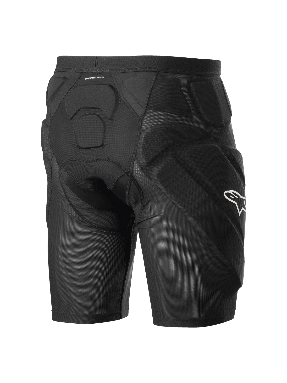 Alpinestars Vector Tech Shorts, sorte cykelbeskyttelsesshorts, med integreret EVA-memoryskum-polstring på hofter og ryg, åndbar stræk-mesh-konstruktion, hvidt Alpinestars-logo på siden.