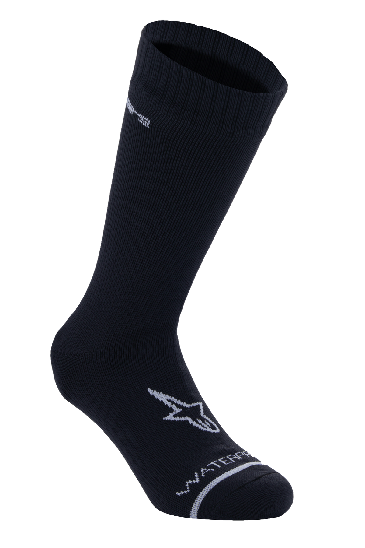 Alpinestars A-Dura vandtætte sokker, sort, mellemlange cykelsokker, ribbet tekstur på skaftet, hvidt A-star logo på foden, Waterproof-tekst på tåen, teknisk MTB-baselayer
