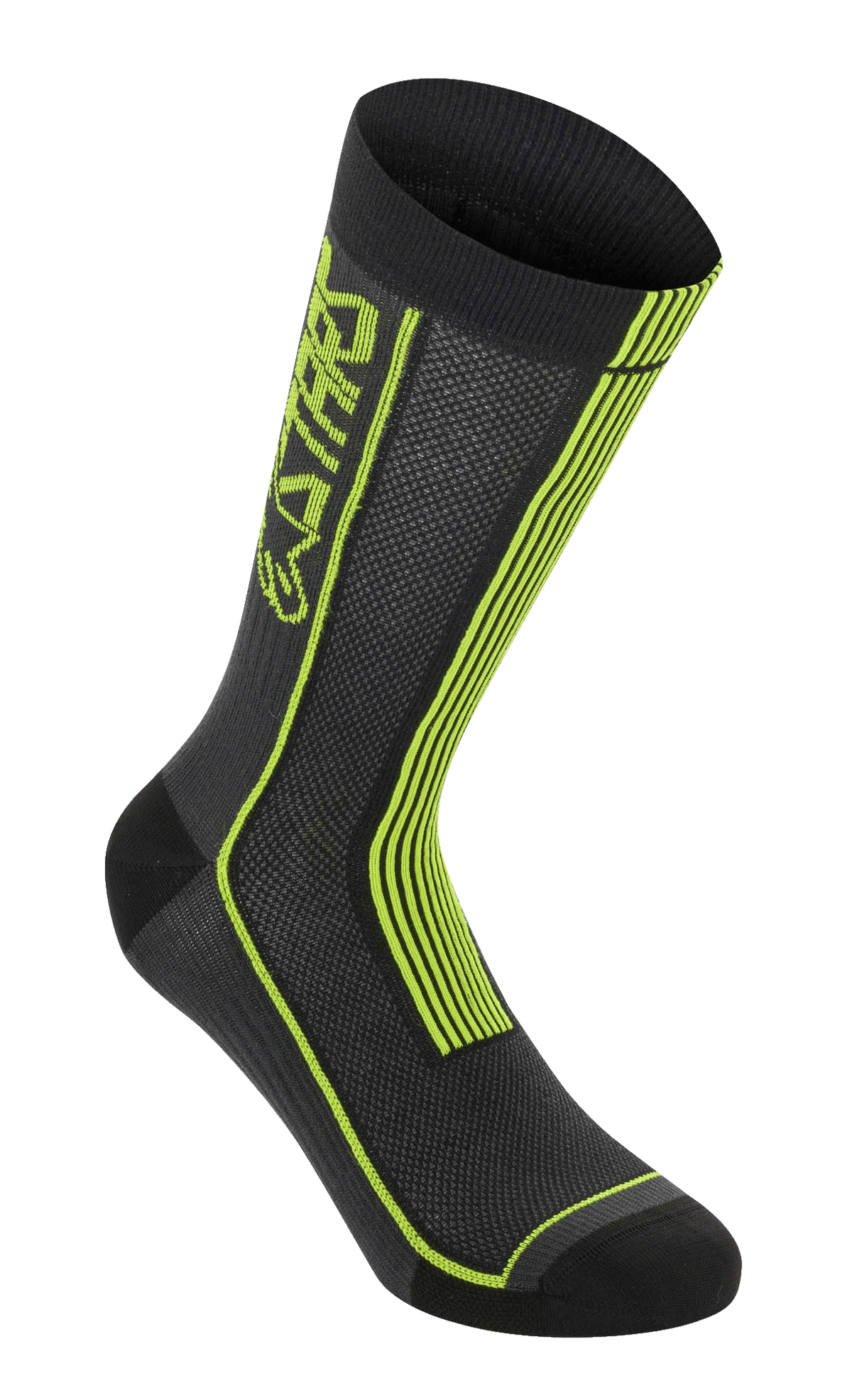 Alpinestars Summer Socks, cykelstrømper, sort og neongul, med neongule lodrette striber og ASTARS-branding, åndbar mesh-konstruktion med ribbet kant foroven, forstærket tå og hæl, letvægts performance-udstyr til mountainbike
