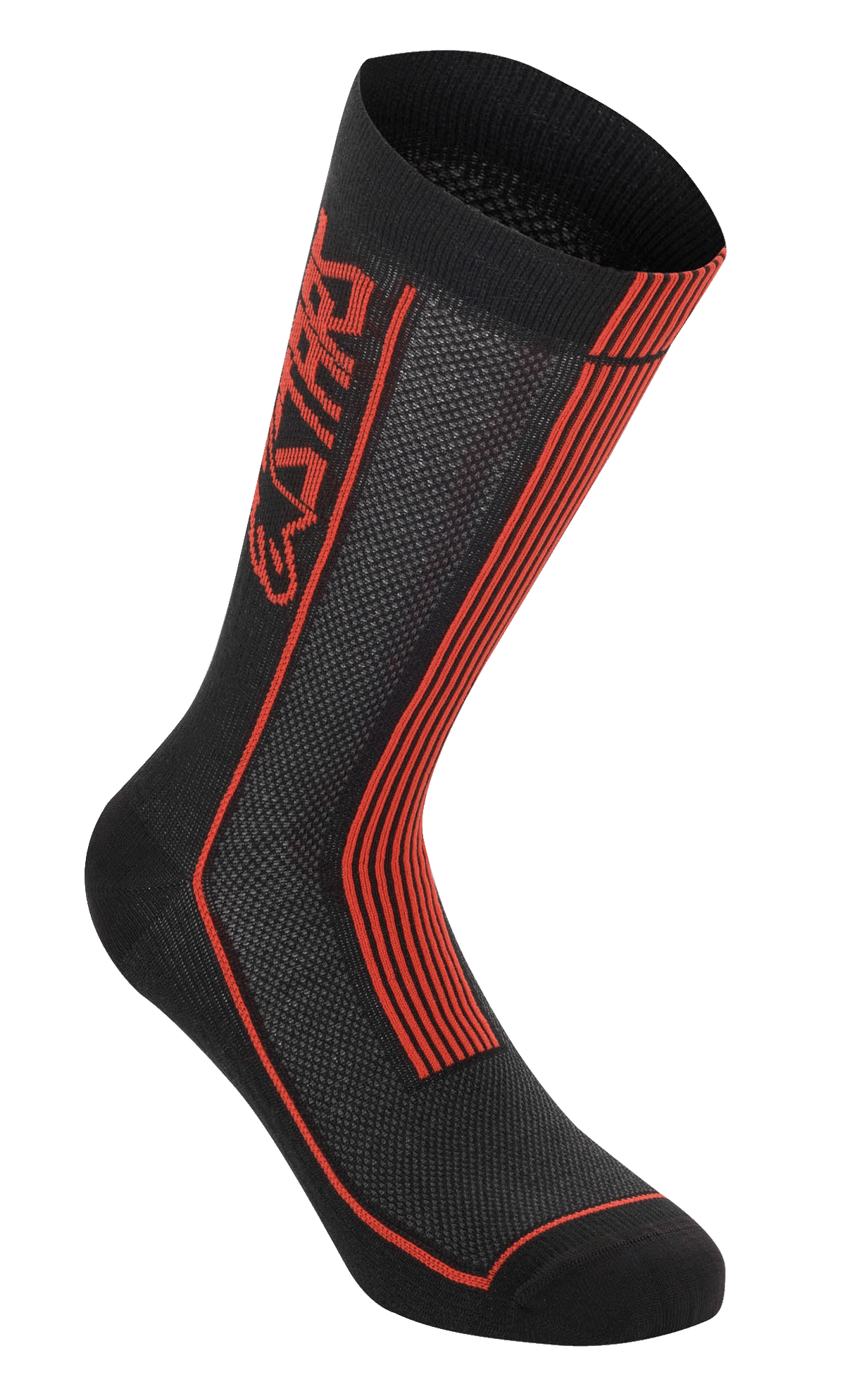 Alpinestars Summer Socks, Cycling Socks, Black and Bright Red, vertical Astars logo and red stripes, knitted mesh texture for airflow, rib construction for stretch, performance footwear for hot weather riding
