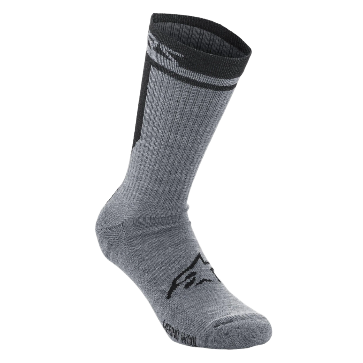 Alpinestars Merino Strømper 24, cykelstrømper, grå og sort, enkeltlags merinouldstrik, sort ribkant med branding, sort Astars-logo på oversiden af foden