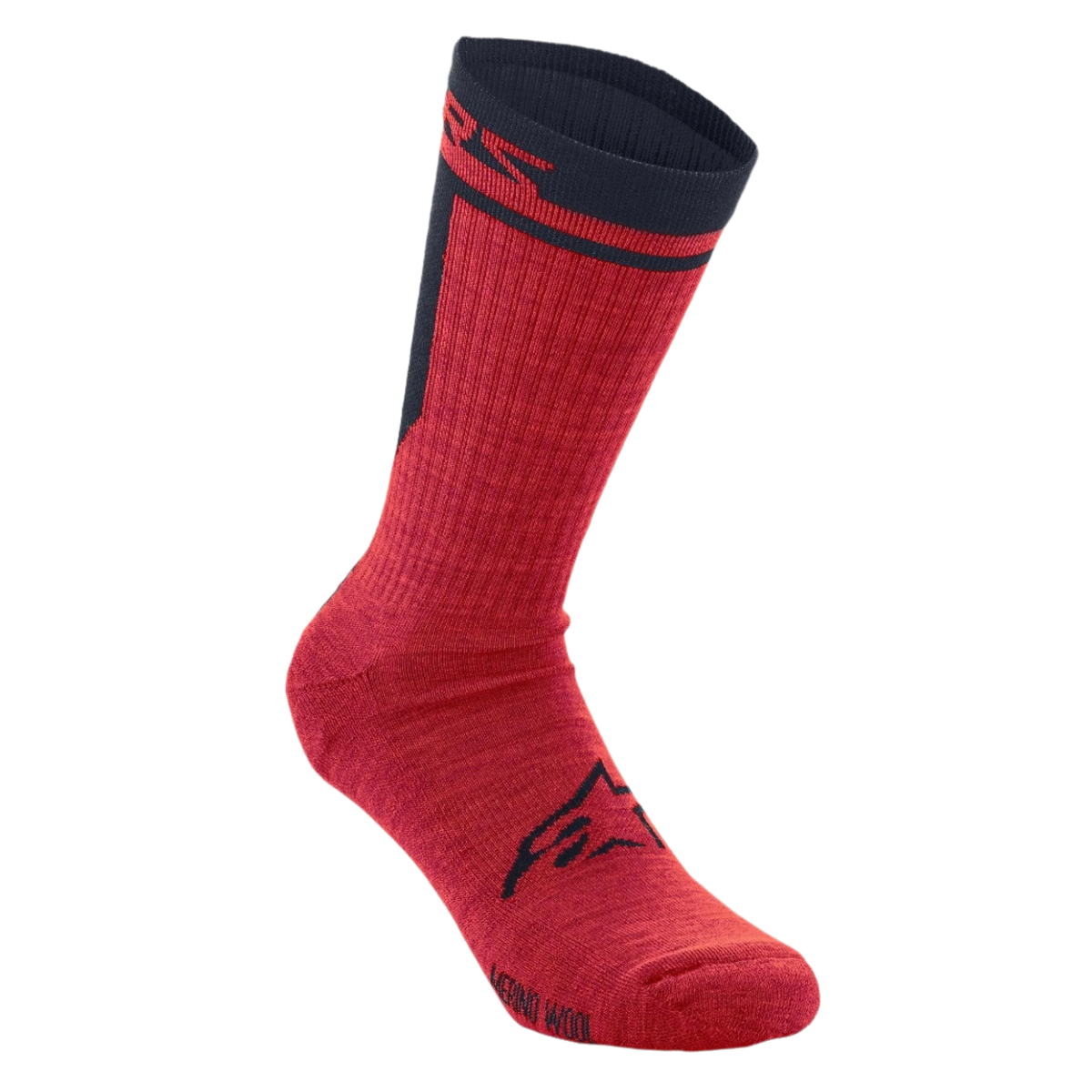 Alpinestars Merino Socks 24, cykelstrømper, rød og sort, enkeltlags merinouldkonstruktion, med sort Alpinestars-logo på foden og sort kant med rød branding