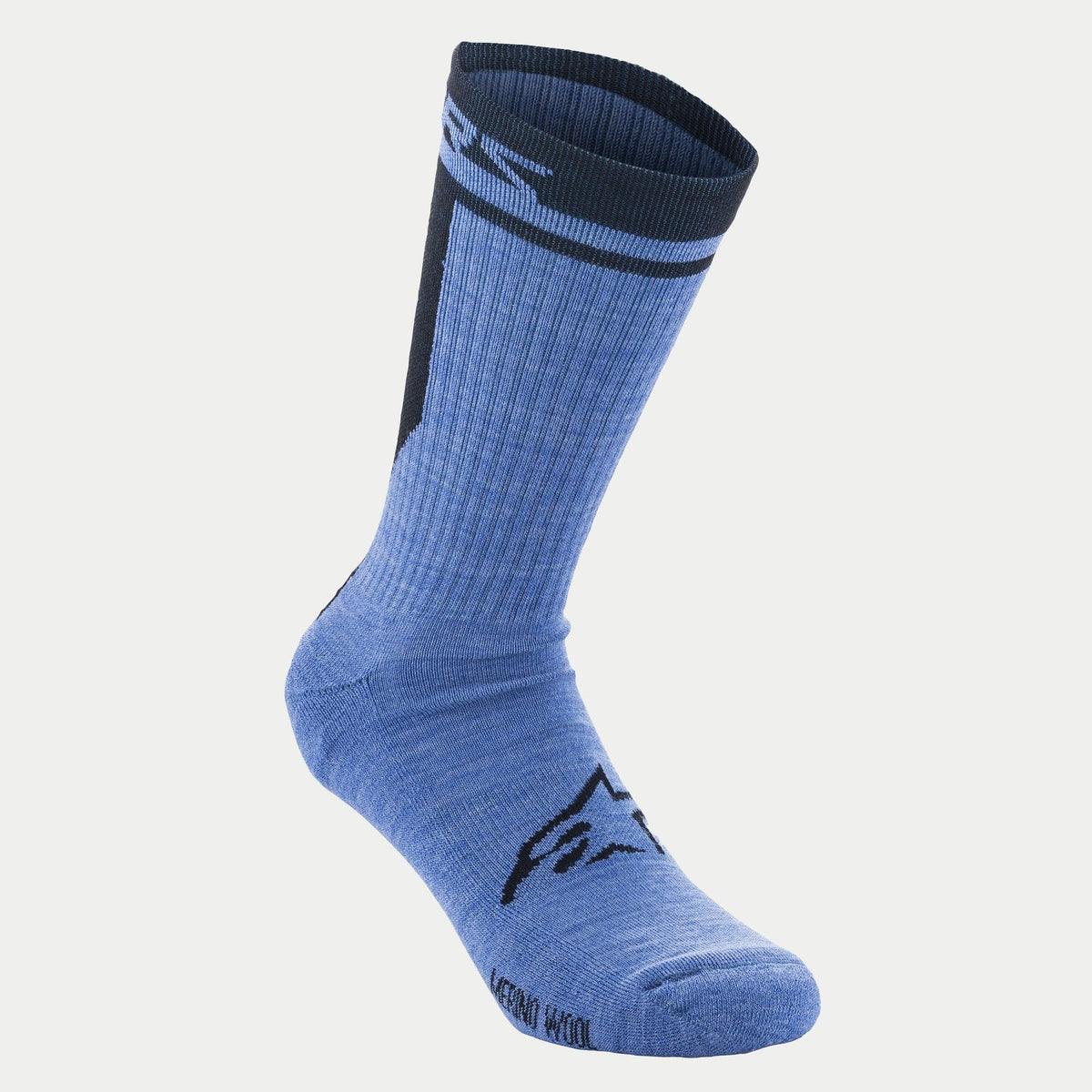 Alpinestars Merino Socks 24, cykelstrømper, blå og sort, med 'Merino Wool' tekst på tåen og et sort Astars-logo på vristen, 24 cm længde til mountainbike- og landevejscykling