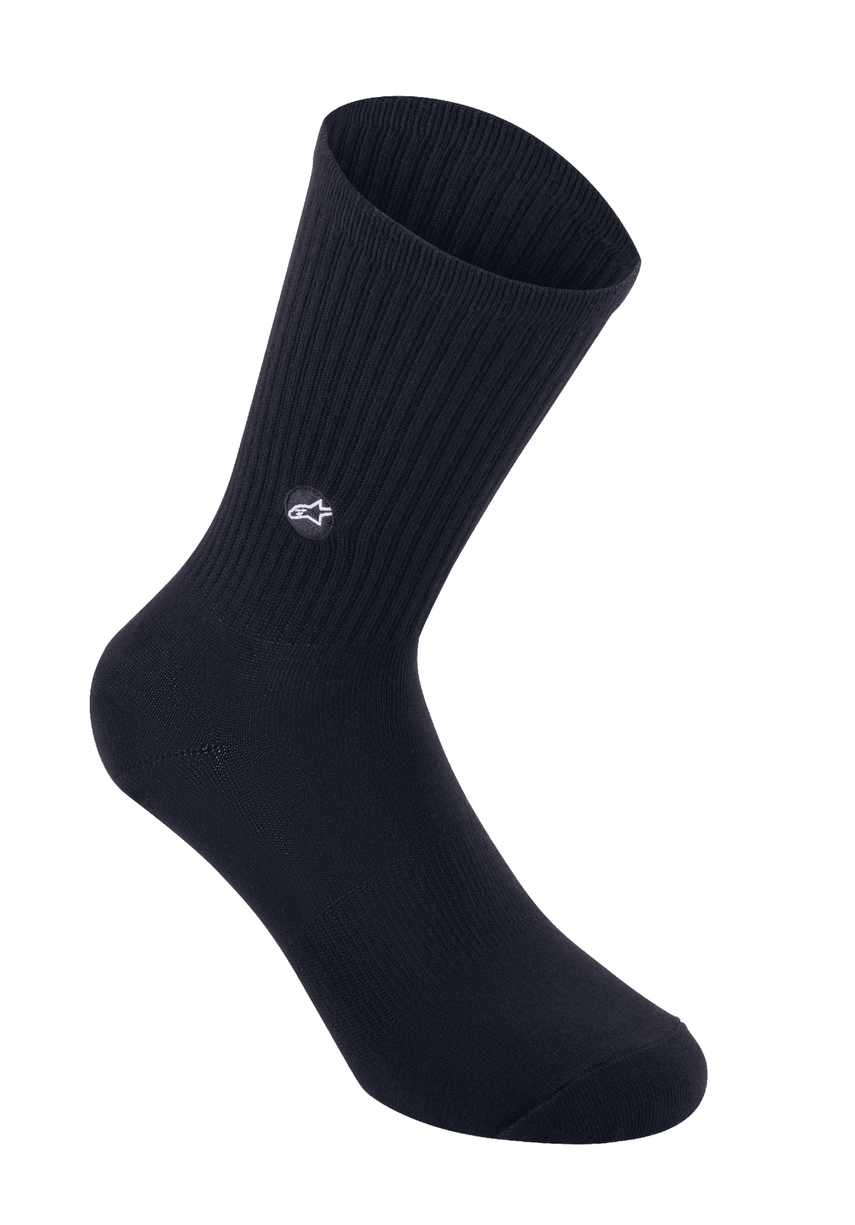 Alpinestars Alps Crew Socks, cykelstrømper, sort, ribstrikket læg med broderet stjernelogo-mærke, klassisk crew-stil til MTB og landevejskørsel