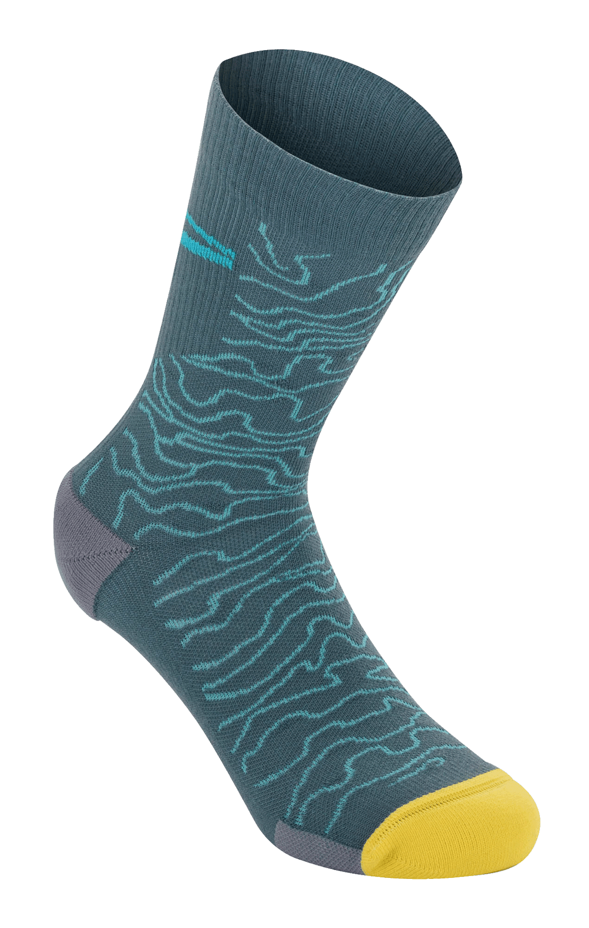 Alpinestars Drop Socks 15, MTB-strømper, Atlantic Ceramic blå med lyseblåt topografisk mønster, stærk gul tå og grå hæl, ribbet tekstur, lette performance MTB-strømper