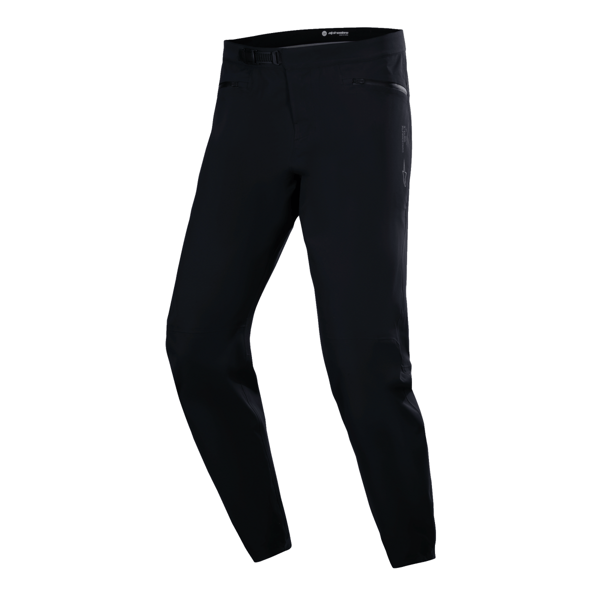 Alpinestars A-Dura vandtætte bukser, MTB-cykelbukser, sorte, teknisk slim-fit design med lynlåslommer i siderne og ratchet-spænde i taljen, glat vandtæt stof, minimalistisk performance-udstyr til mountainbiking