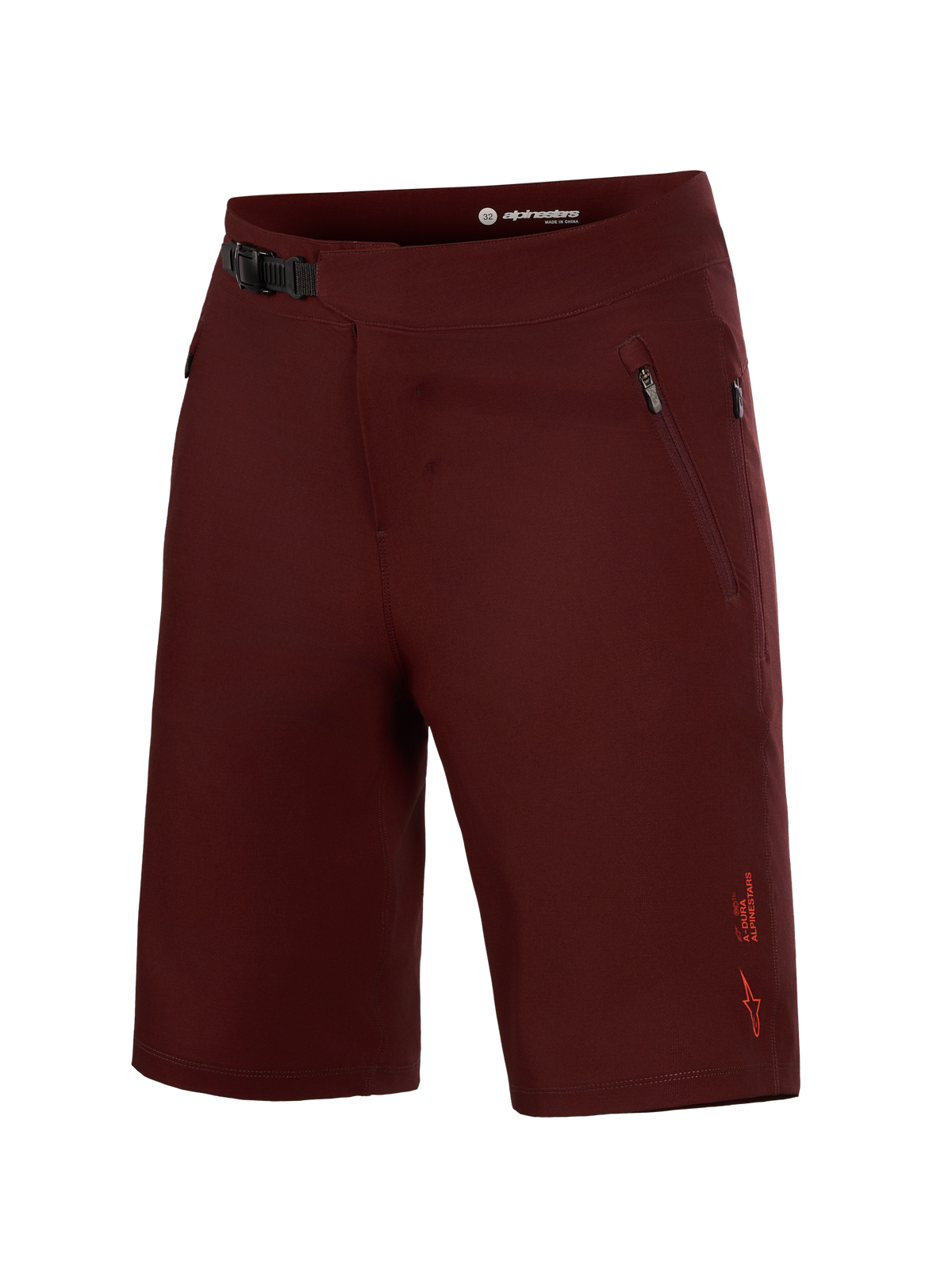 Alpinestars A-Dura Ride Liner shorts i bordeaux, MTB-udstyr med 4-vejs stræk, frontspænde og lynlåslommer på siden.