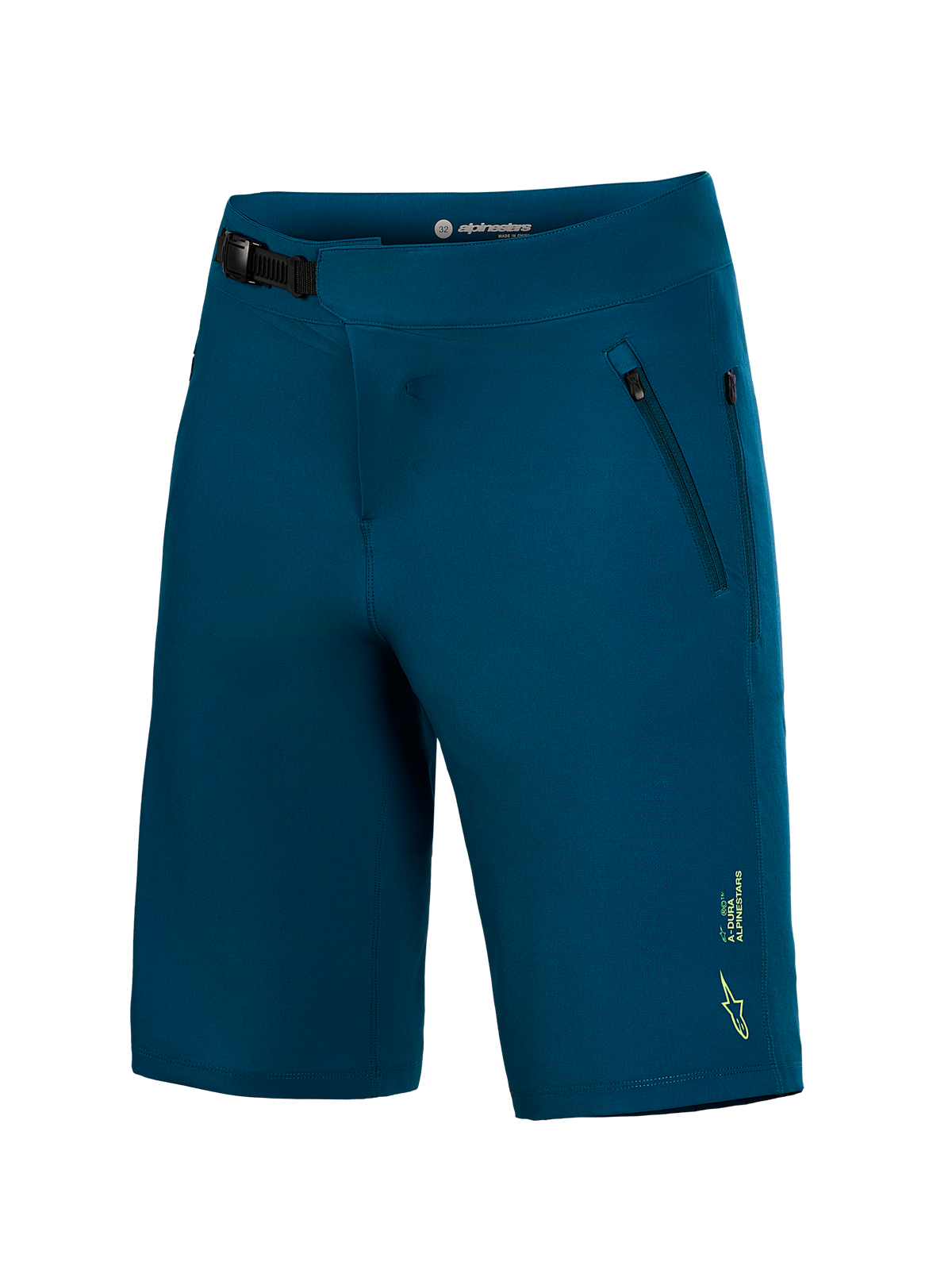 Blågrønne A-Dura Ride Shorts med skraldespænde og lynlåslommer til slidstærk mountainbike-performance.
