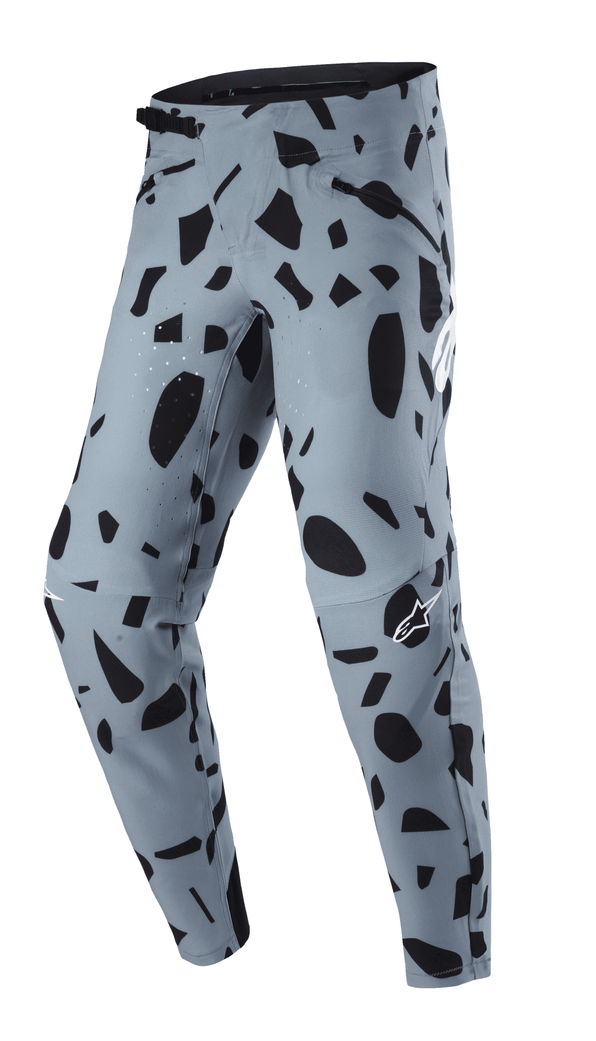 Alpinestars Techstar Envision bukser, MTB-bukser, aske-blå med sort abstrakt mønster, skralde-lukning i taljen og lynlåslommer, laserperforeret ventilation for åndbarhed, designet til mountainbike-kørsel