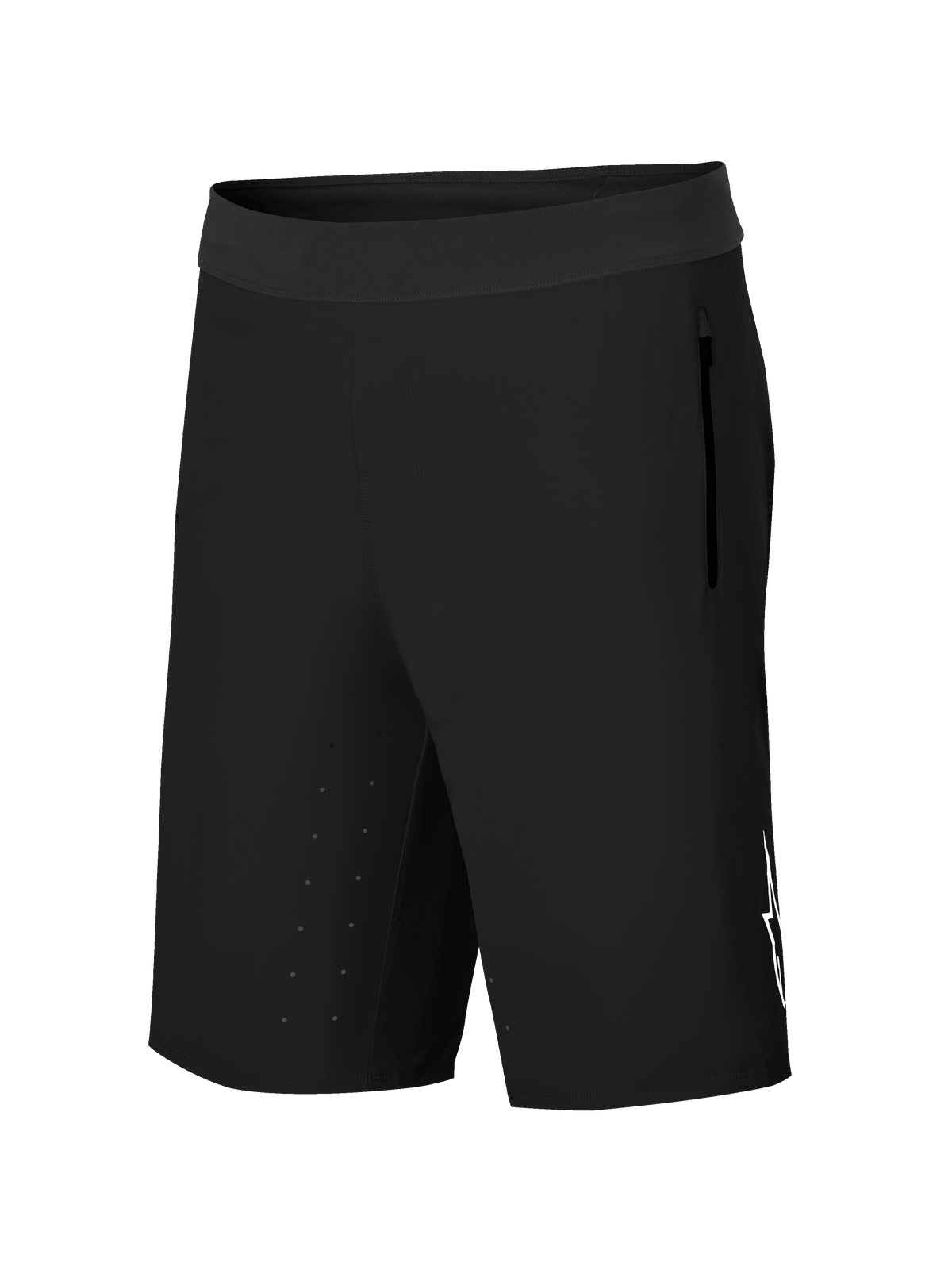 Alpinestars A-Aria Lite Shorts, mountainbike-cykelshorts, sort, med bred linning, sidelomme med lynlås, laserskårne ventilationshuller på indersiden af låret og hvidt Astars-logo, performance trail-udstyr
