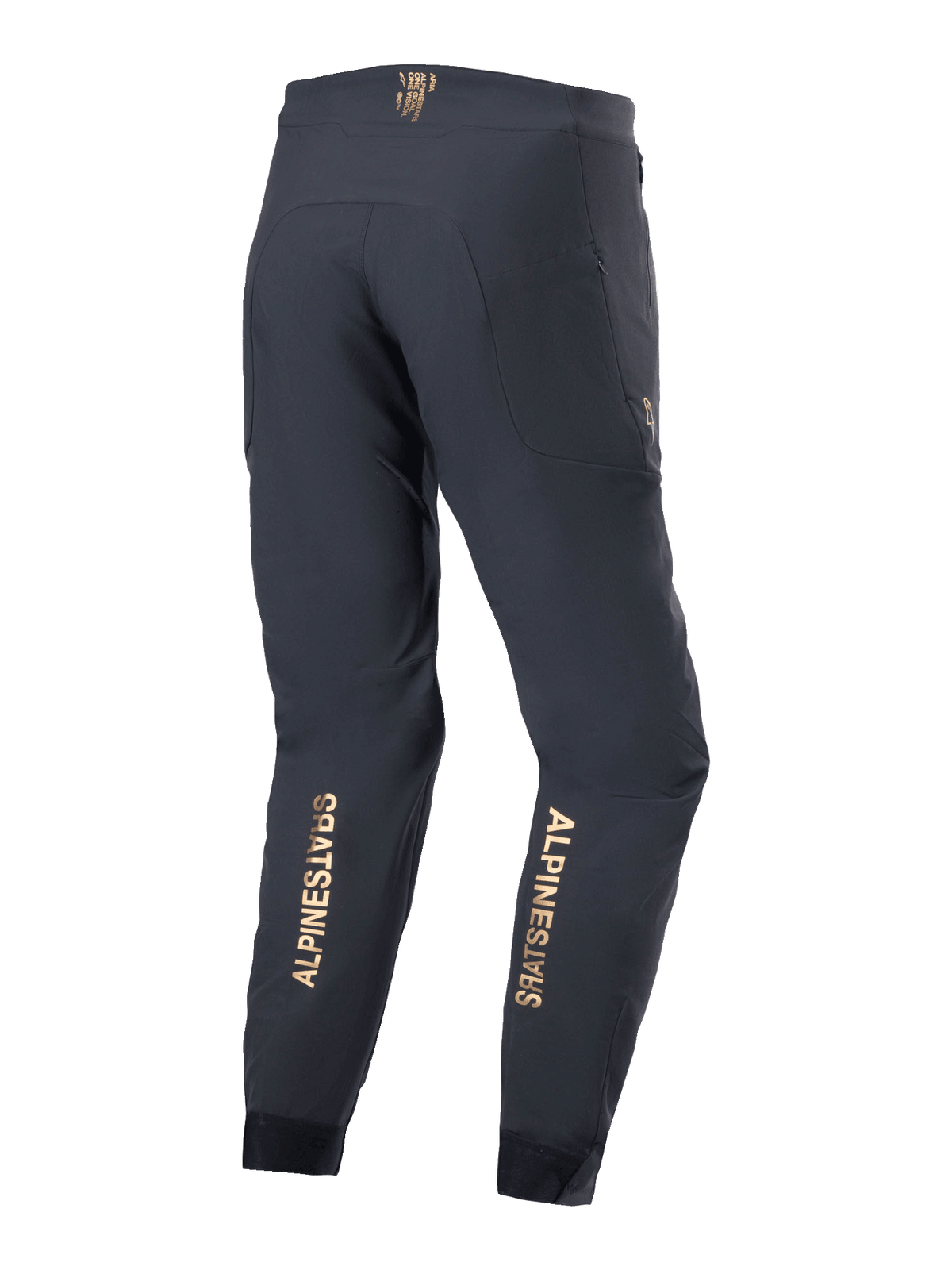 Alpinestars A-Aria Elite bukser, mountainbike-bukser, sort, set bagfra med lodrette guld-logoer på underbenene, performance-pasform med svedtransporterende linning og lynlåslommer, designet til off-road cykling.