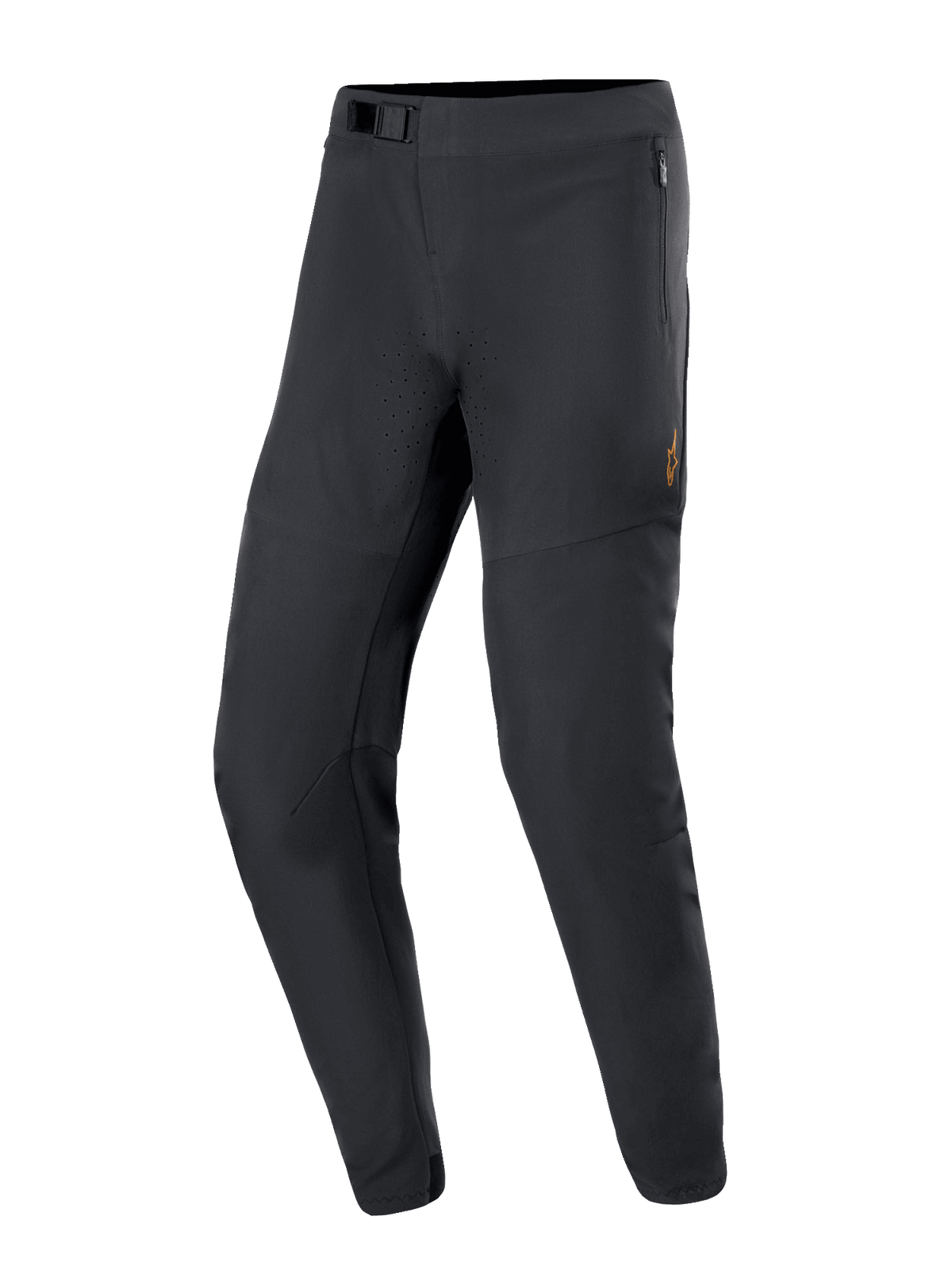 Alpinestars A-Aria Elite bukser, mountainbikebukser, sort, med laserperforeringer til ventilation, magnetisk spændelukning og lynlåslommer, slankt og tilspidset design til high-performance terrænkørsel