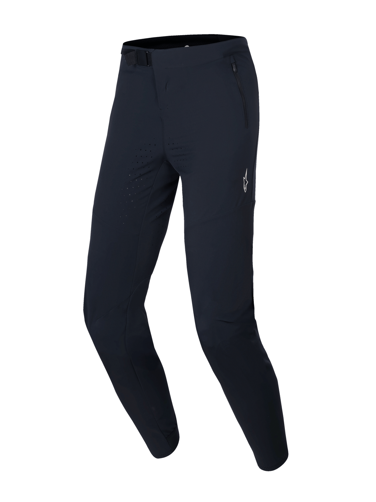 Alpinestars A-Aria Elite bukser, MTB-cykelbukser, Black Titanium, med laserperforeret ventilation på lårene, magnetisk spændelukning i taljen og lynlåslommer til terrænkørsel.