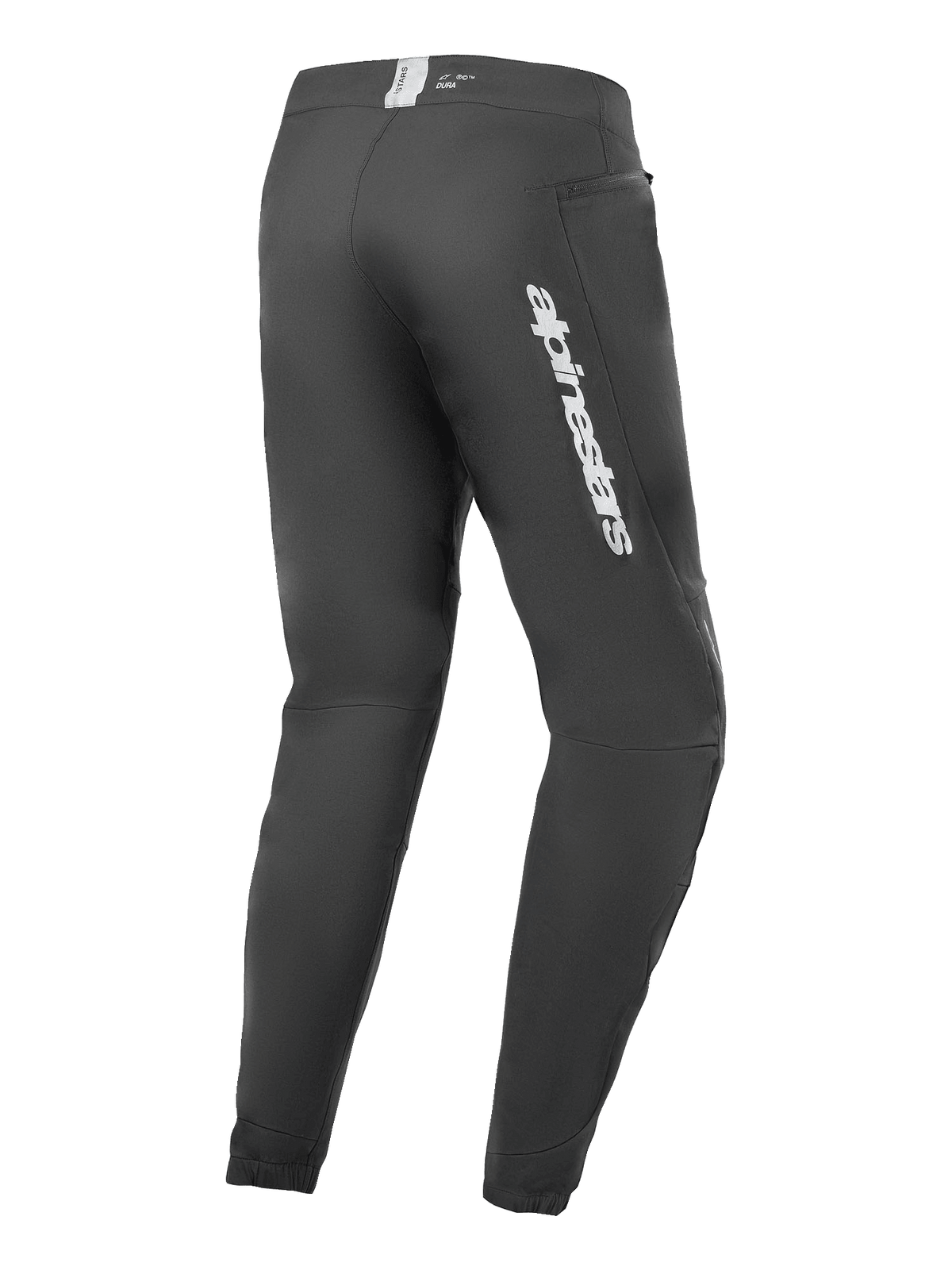 Alpinestars A-Dura Elite Pants, Mountain Bike Pants, Black, rear side view featuring silver Alpinestars branding on the thigh, zippered pocket, and elasticated cuffs, durable technical gear for MTB