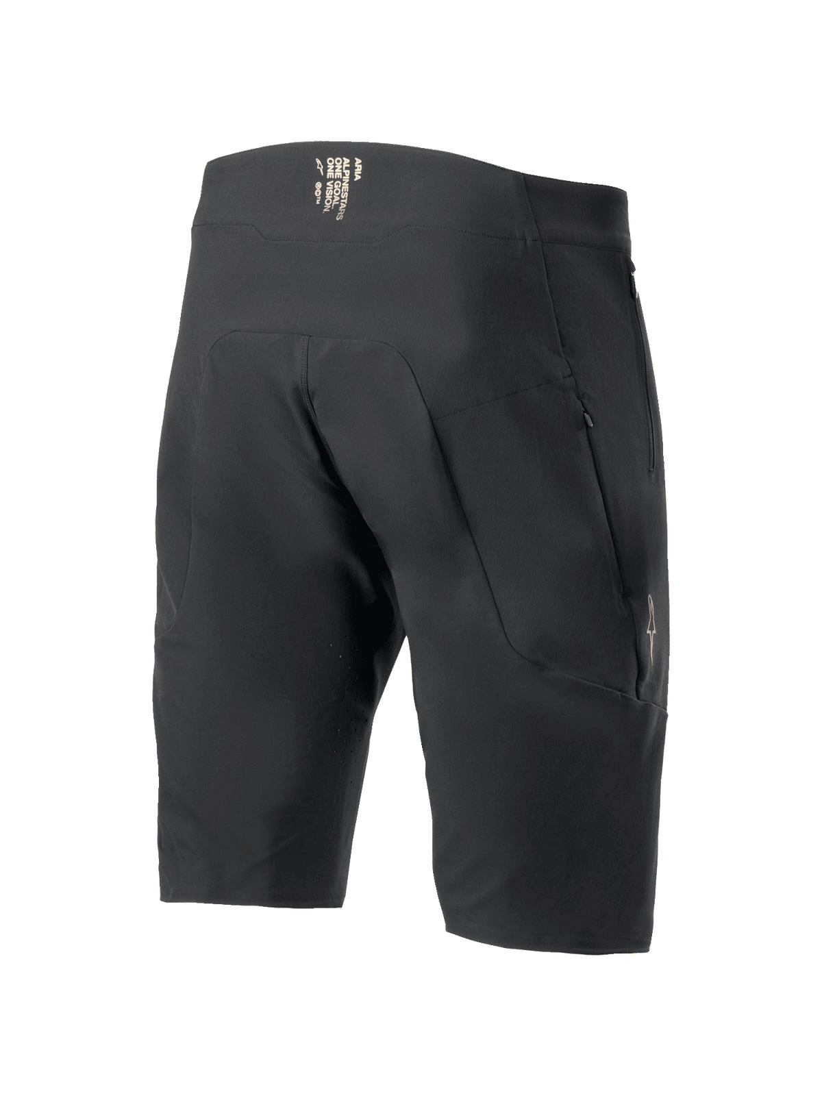 Alpinestars A-Aria Elite Shorts, Mountain Bike Shorts, Black, rear view showing zippered pockets and branding on the waistband, technical performance fit for off-road cycling.