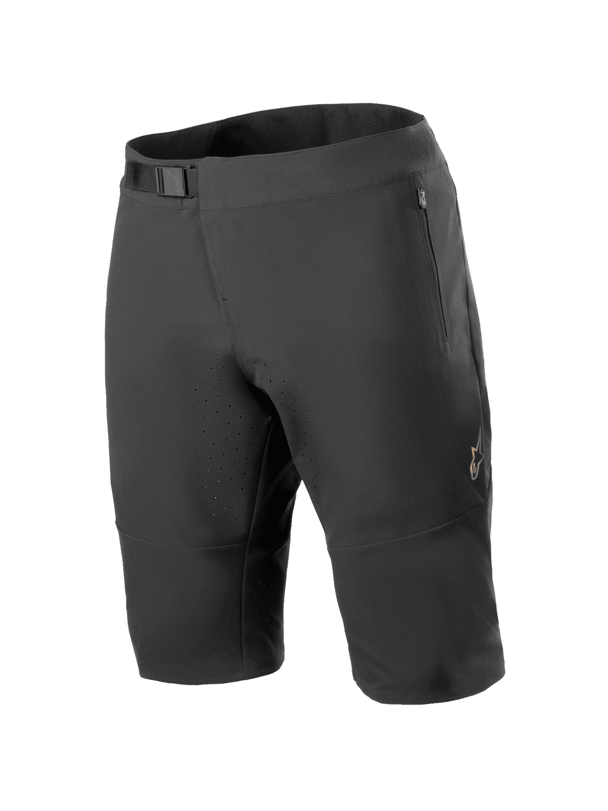 Alpinestars A-Aria Elite Shorts, Mountain Bike Shorts, Black, featuring a magnetic buckle waist closure, zippered pockets, laser-cut ventilation holes, and 4-way stretch fabric for off-road cycling