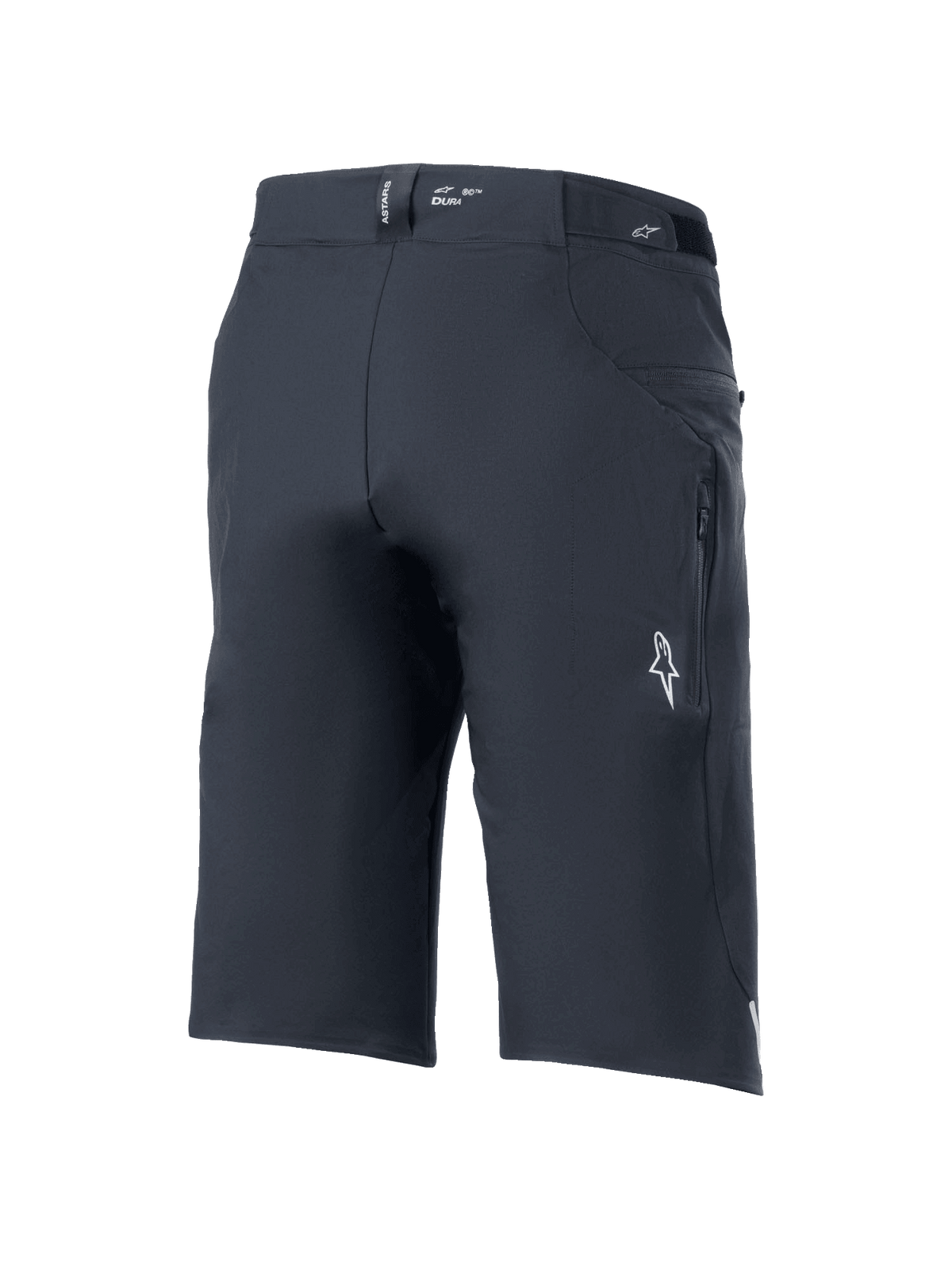 Alpinestars A-Dura Elite shorts, mountainbike-shorts, sort, trekvartvisning bagfra med sidelomme med lynlås, hvidt Astars-logo og "DURA"-branding på taljebåndet, holdbart 4-vejs stretch Cordura-stof til off-road cykling