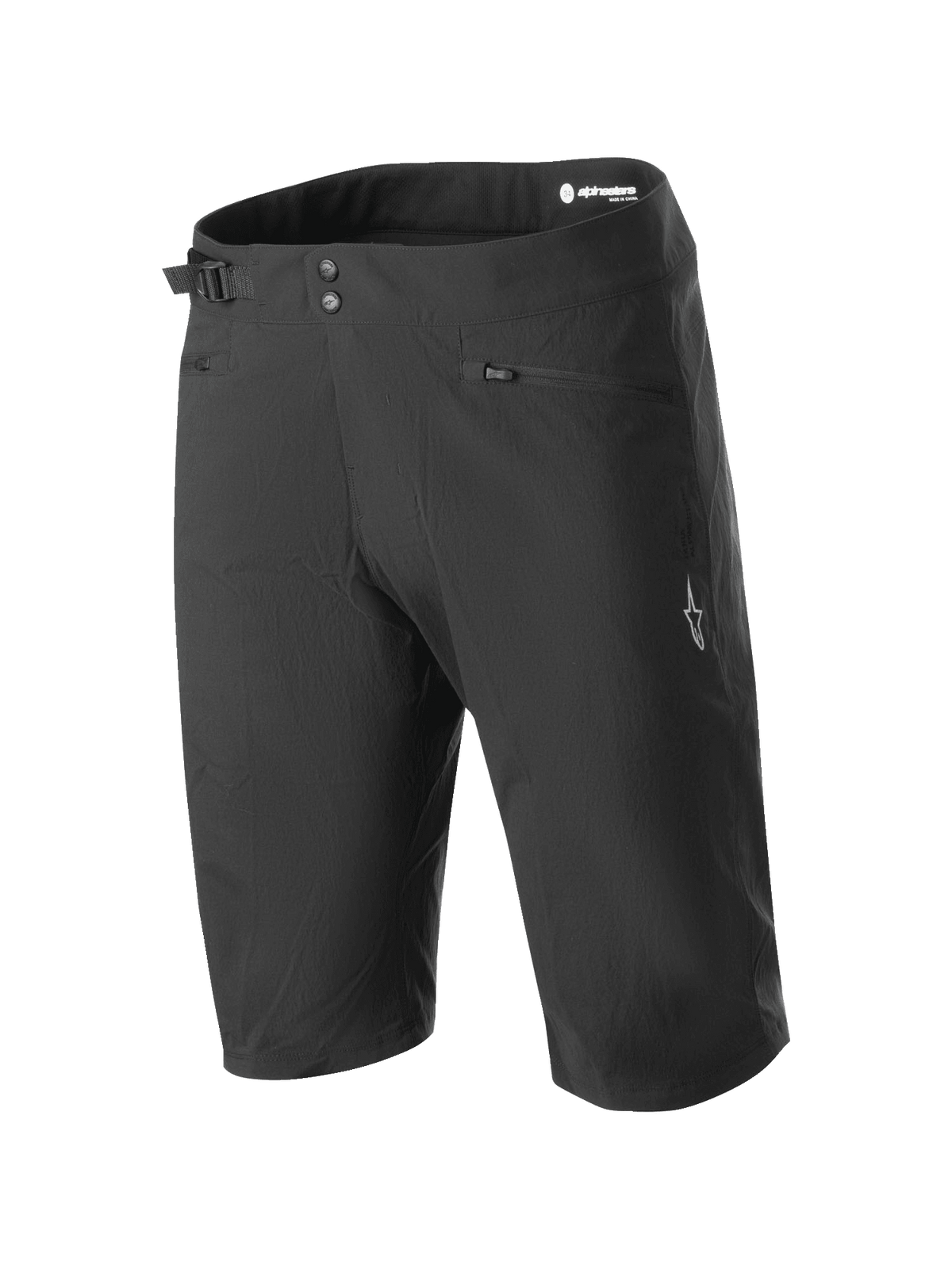 Alpinestars A-Dura shorts, mountainbike-shorts, sort, med dobbelt trykknaplukning, side-taljejustering, lynlåslommer og hvidt logo på benet, holdbart 2-vejs strækstof til off-road cykling